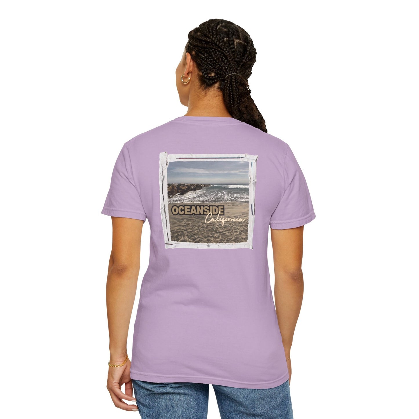 Oceanside CA Beach Ocean Waves Actual Photo on Back Longitude Latitude Coordinates on Front | Comfort Colors | Unisex Garment-Dyed T-shirt