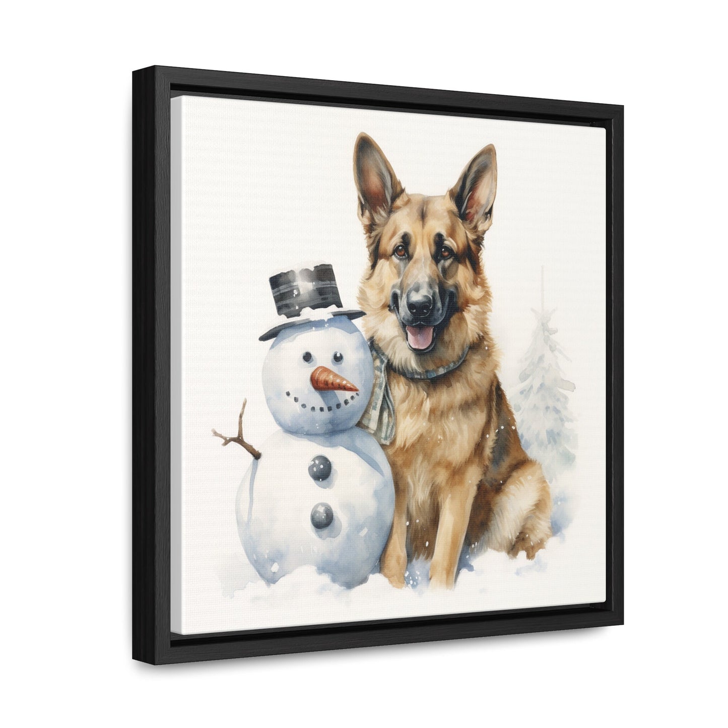 German Shepherd with Snowman Watercolor | Framed Canvas