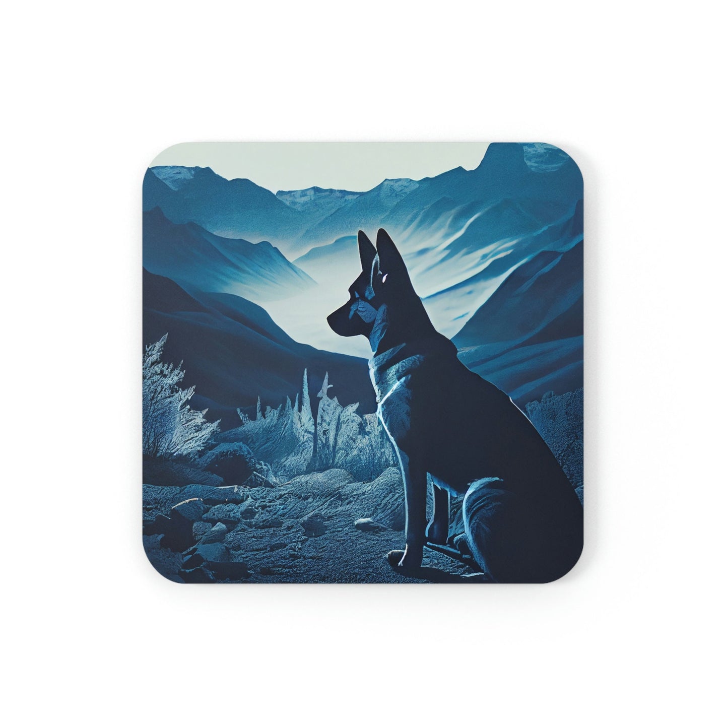 German Shepherd Blue Landscape Square or Round Cork Back Coaster