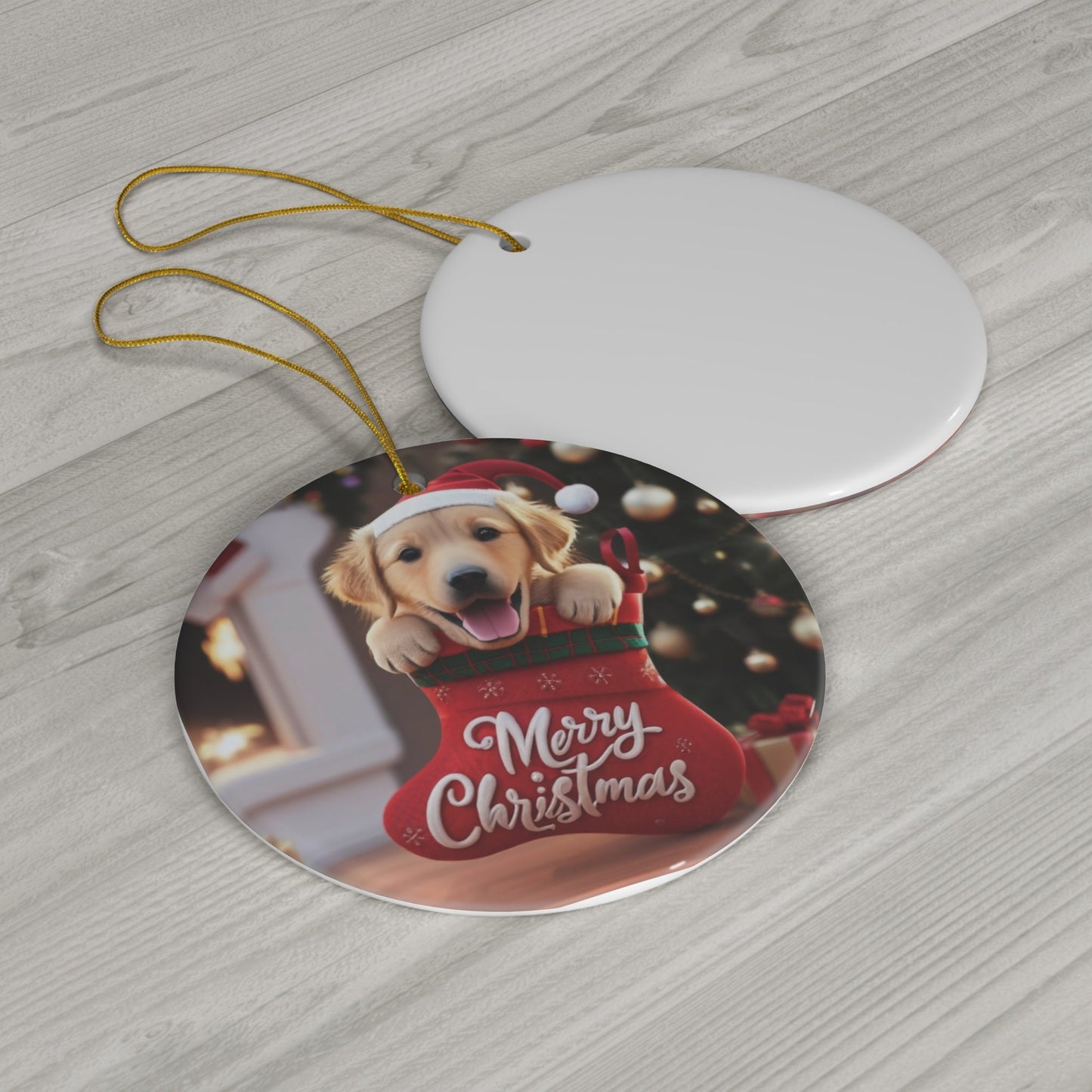 Golden Retriever Puppy in Stocking with Santa Hat | Ceramic Ornament, Circle