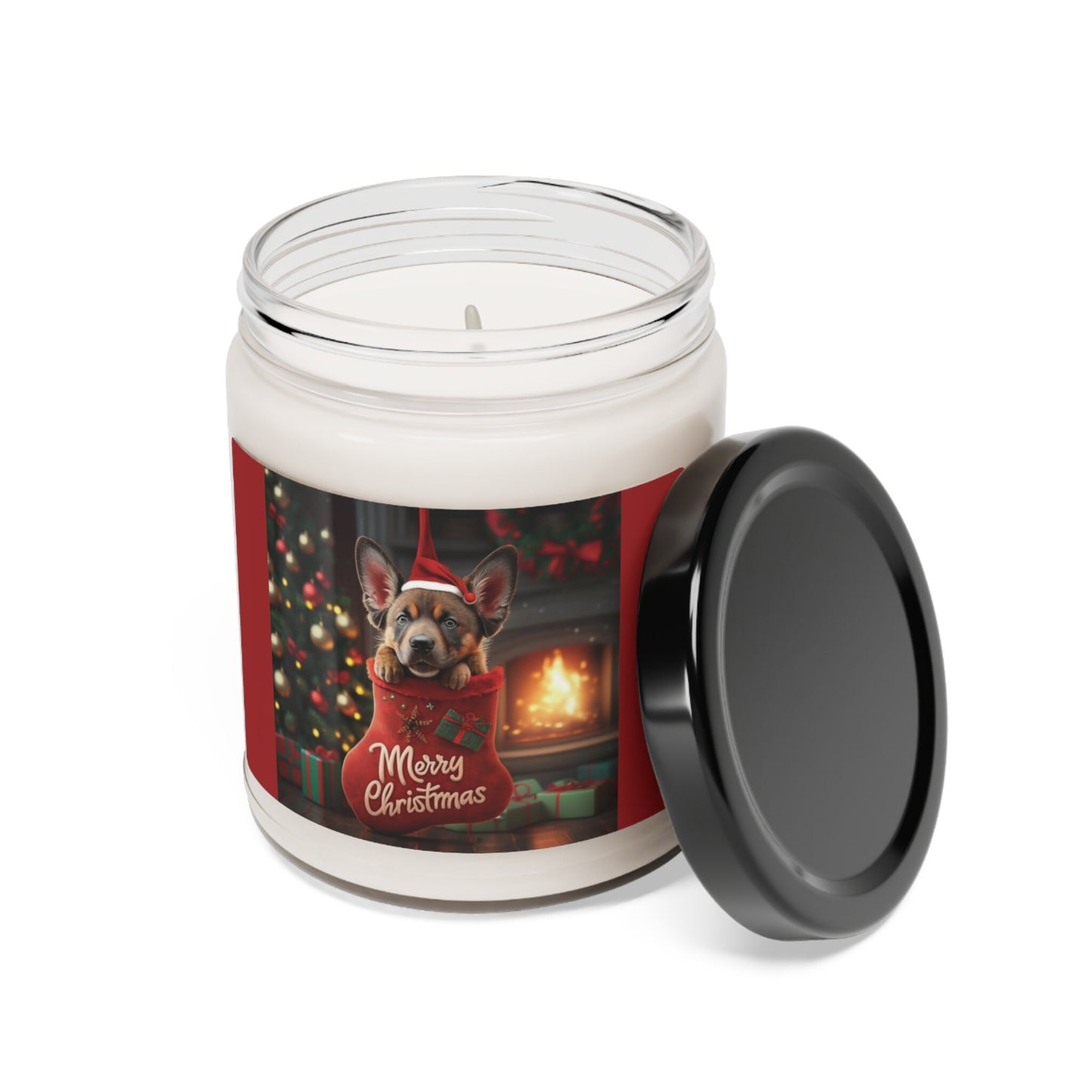 Cute German Shepherd Puppy in Red Stocking and Santa Hat "Merry Christmas" | Gifts for Dog Owners | Scented Soy Candle, 9oz