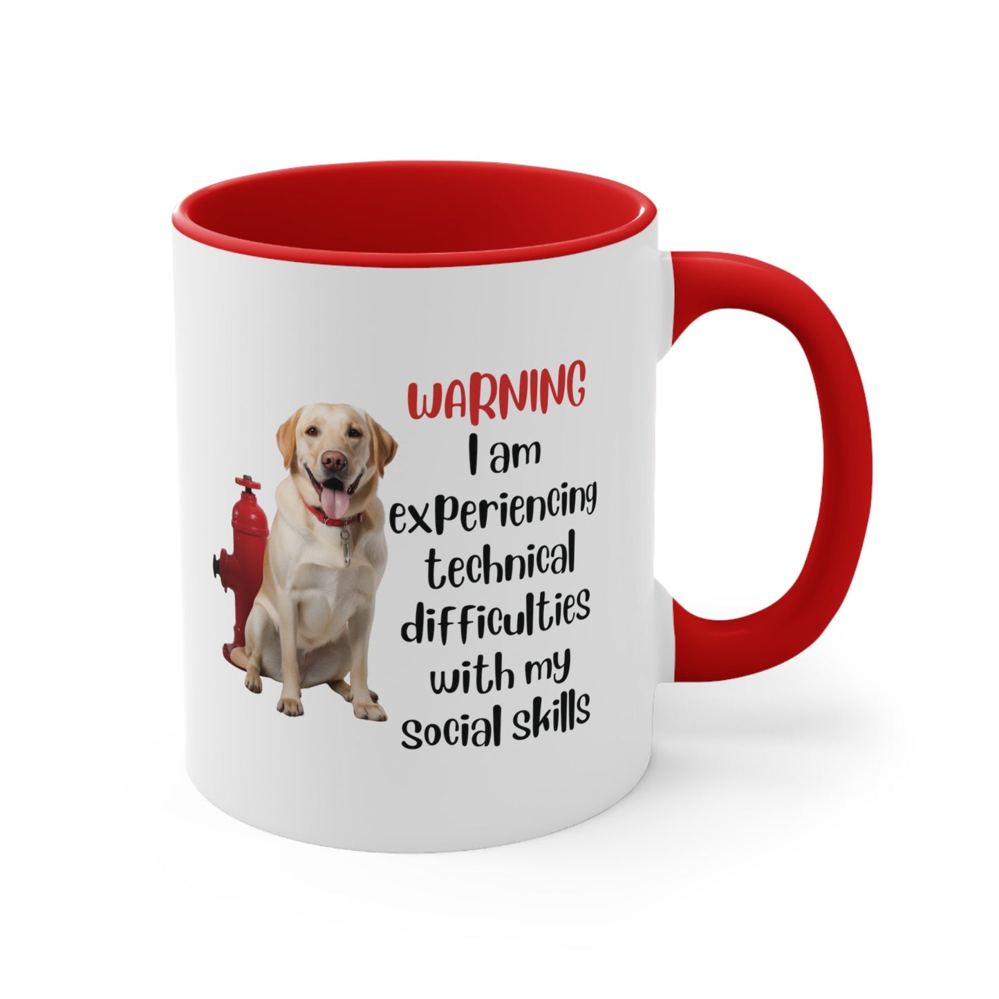 Yellow Labrador with Hydrant "Warning: I am experiencing technical difficulties with my social skills" | Coffee Mug, 11oz