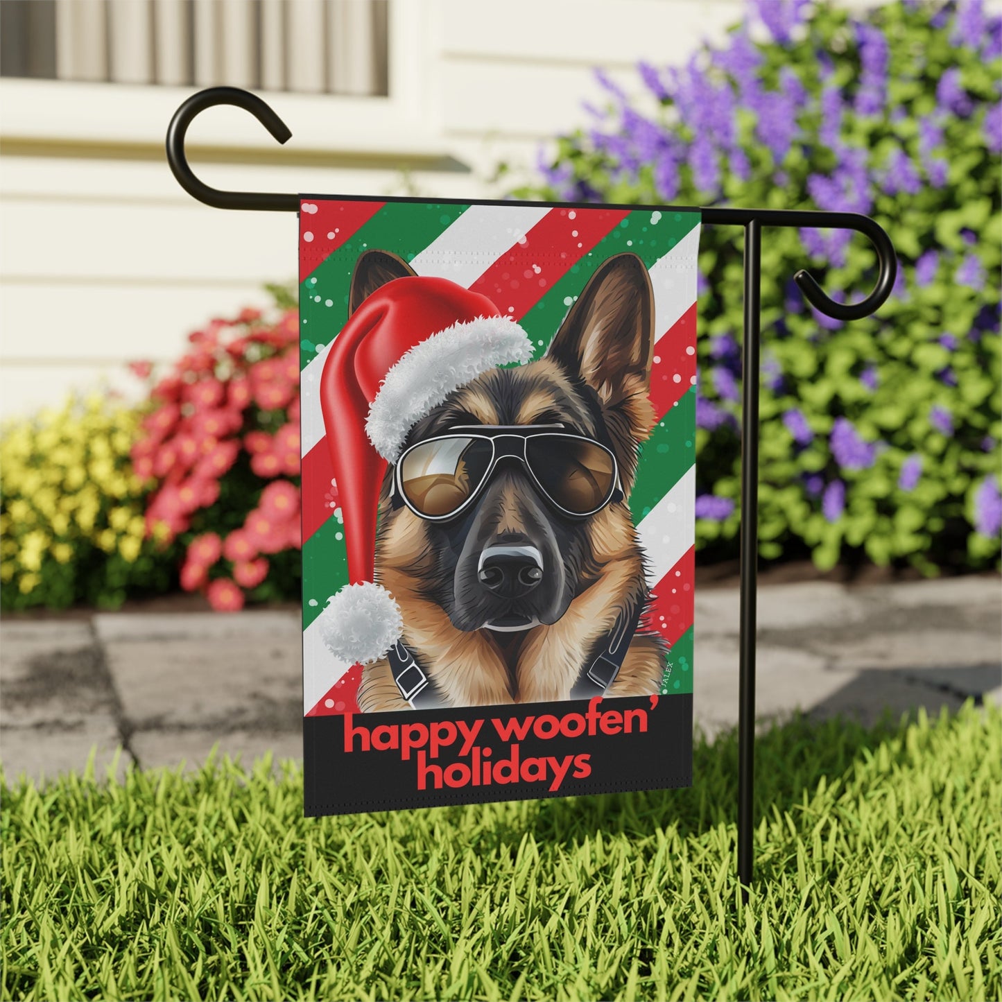 German Shepherd Flag, Garden Flag, Happy Woofen' Holidays, House Flag, Banner, Printed Both Sides