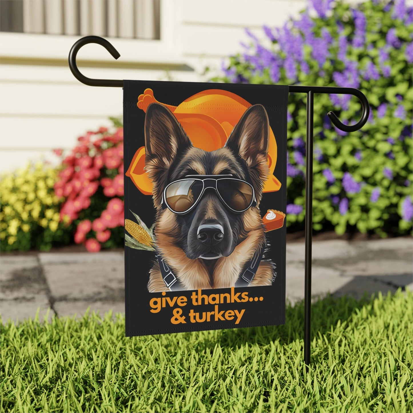 German Shepherd Flag, Garden Flag, Give Thanks & Turkey, House Flag, Banner, Printed Both Sides