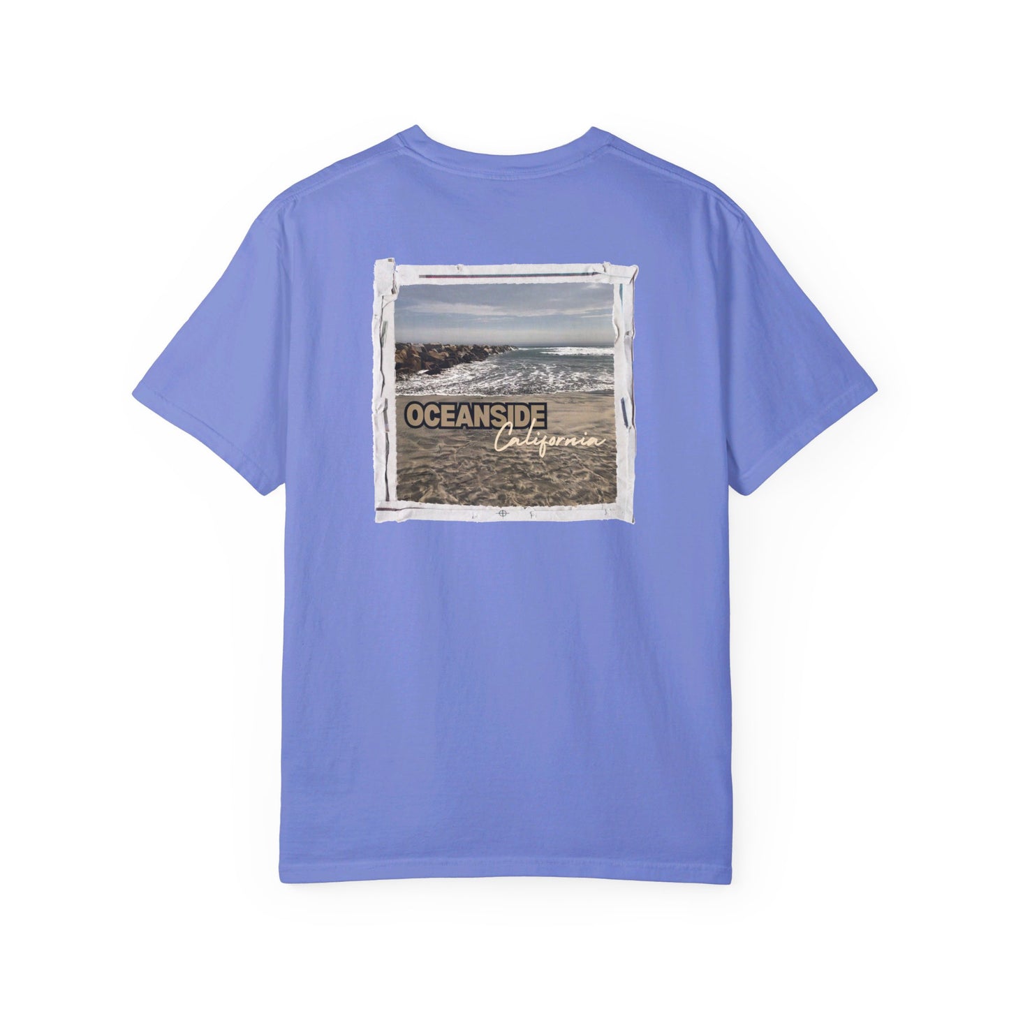 Oceanside CA Beach Ocean Waves Actual Photo on Back Longitude Latitude Coordinates on Front | Comfort Colors | Unisex Garment-Dyed T-shirt