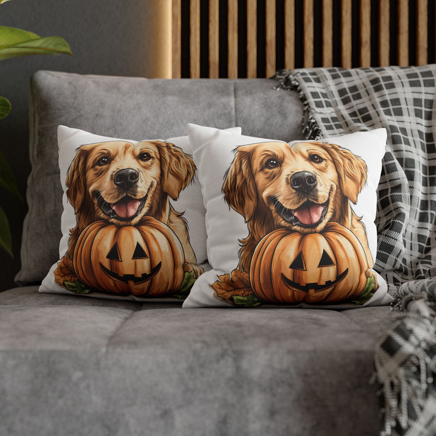 Cute Golden Retriever with Pumpkin | Spun Polyester Square Pillowcase