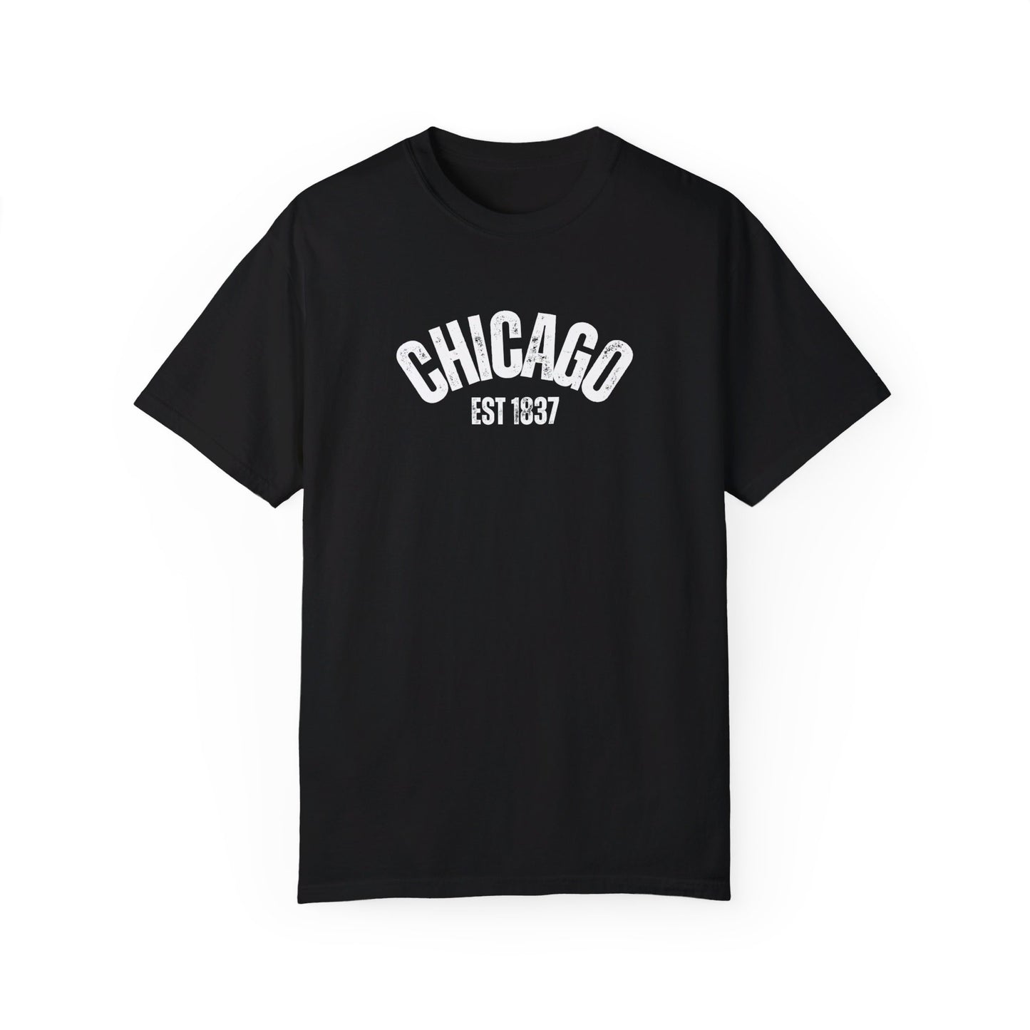 CHICAGO Funky Illustration of the Chicago Skyline on Back Grunge Chicago Logo on Front | Comfort Colors | Unisex Garment-Dyed T-shirt