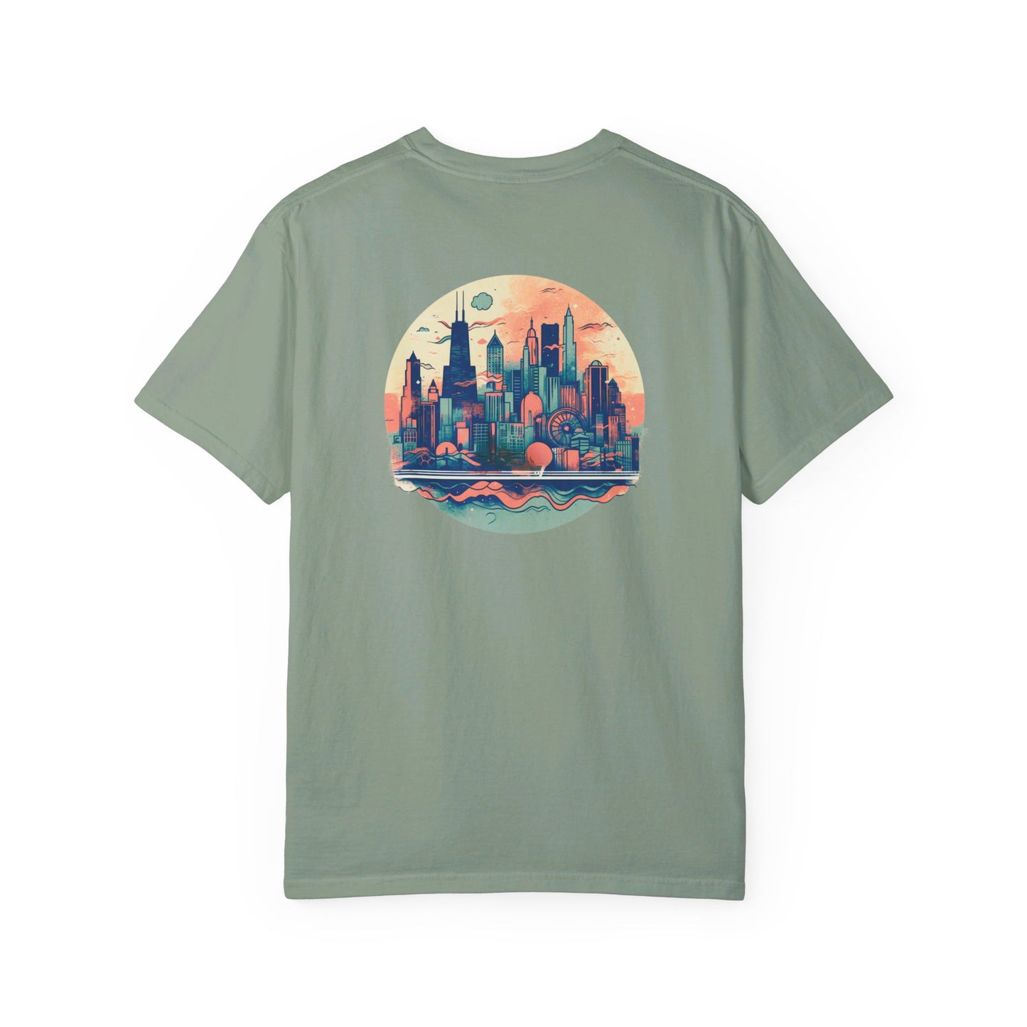 CHICAGO Funky Illustration of the Chicago Skyline on Back Grunge Chicago Logo on Front | Comfort Colors | Unisex Garment-Dyed T-shirt