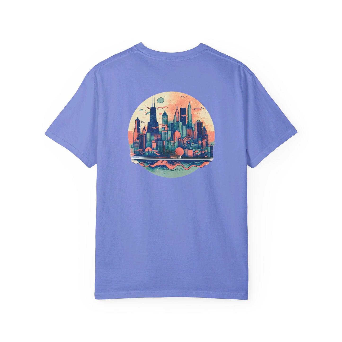 CHICAGO Funky Illustration of the Chicago Skyline on Back Grunge Chicago Logo on Front | Comfort Colors | Unisex Garment-Dyed T-shirt