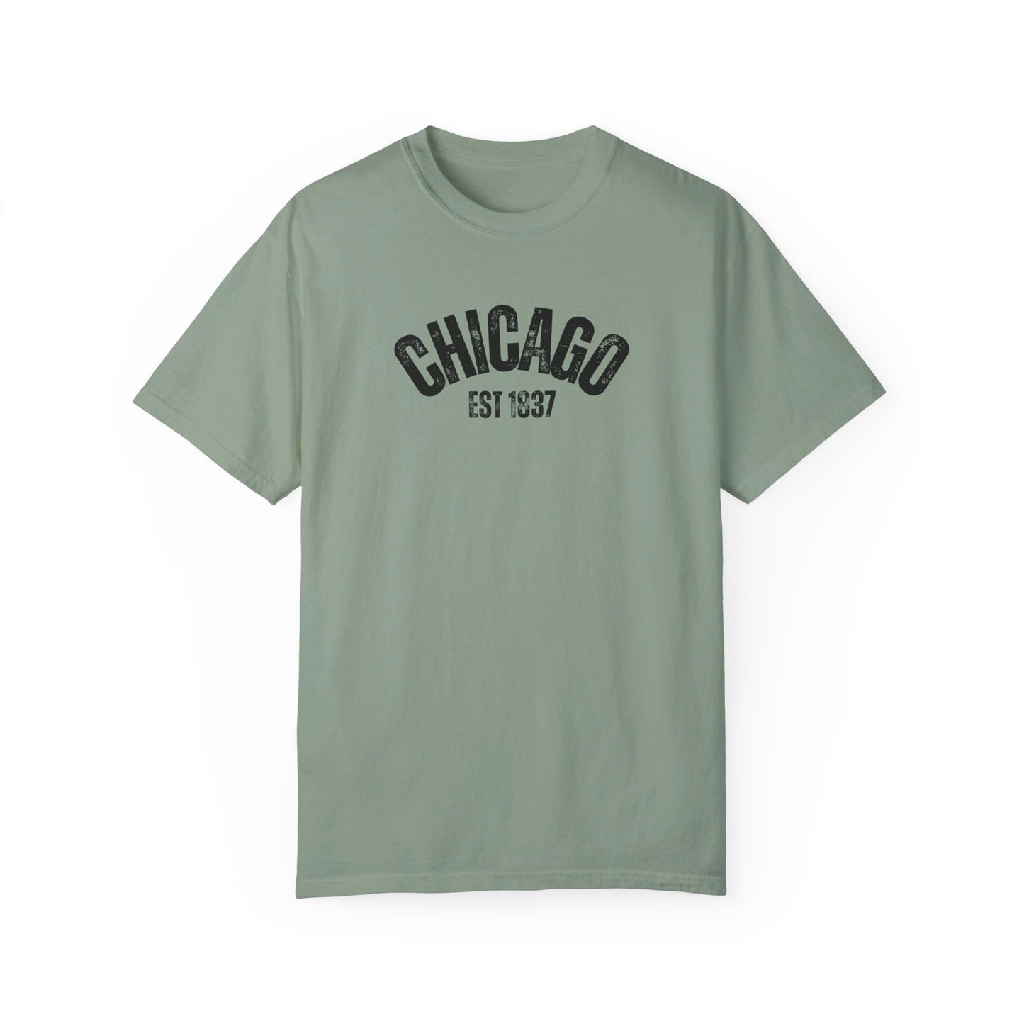 CHICAGO Funky Illustration of the Chicago Skyline on Back Grunge Chicago Logo on Front | Comfort Colors | Unisex Garment-Dyed T-shirt