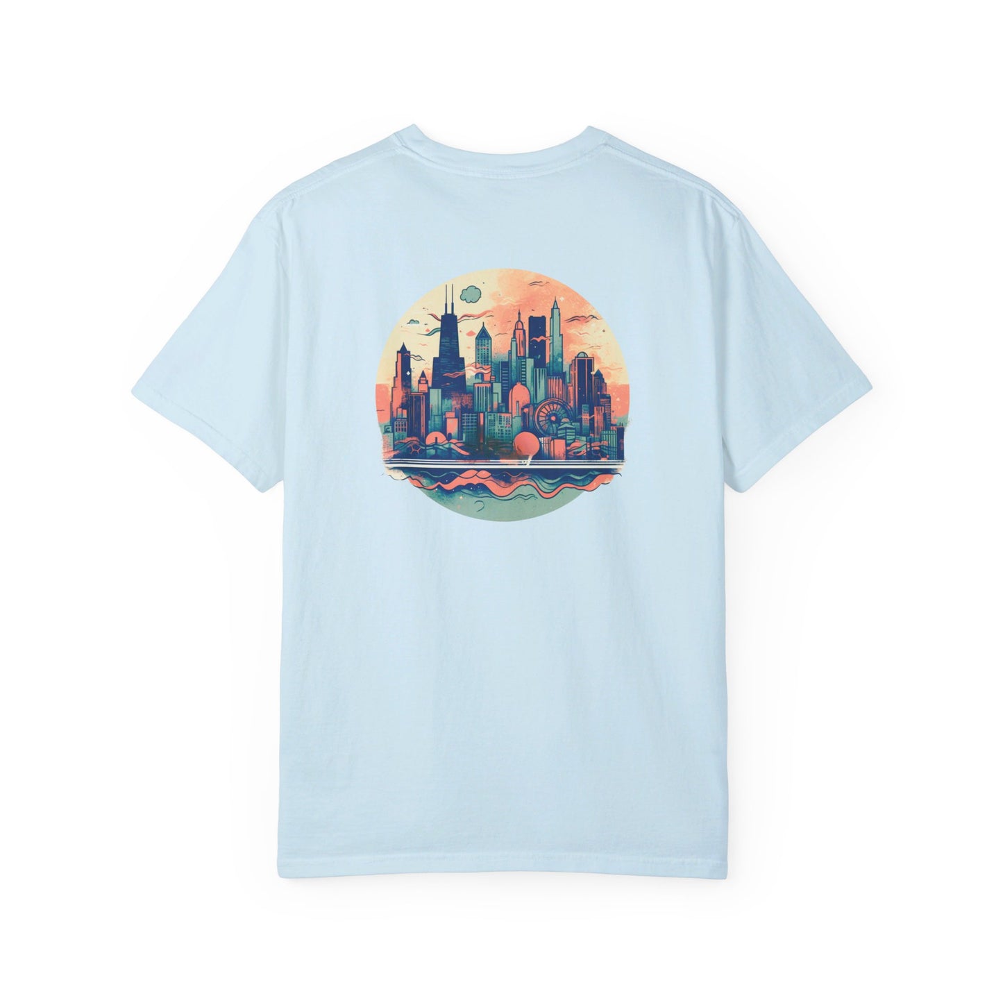 CHICAGO Funky Illustration of the Chicago Skyline on Back Grunge Chicago Logo on Front | Comfort Colors | Unisex Garment-Dyed T-shirt