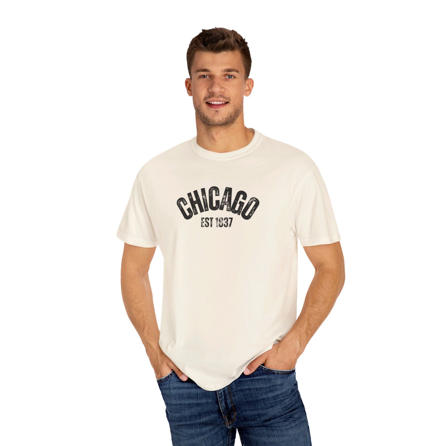 CHICAGO Funky Illustration of the Chicago Skyline on Back Grunge Chicago Logo on Front | Comfort Colors | Unisex Garment-Dyed T-shirt