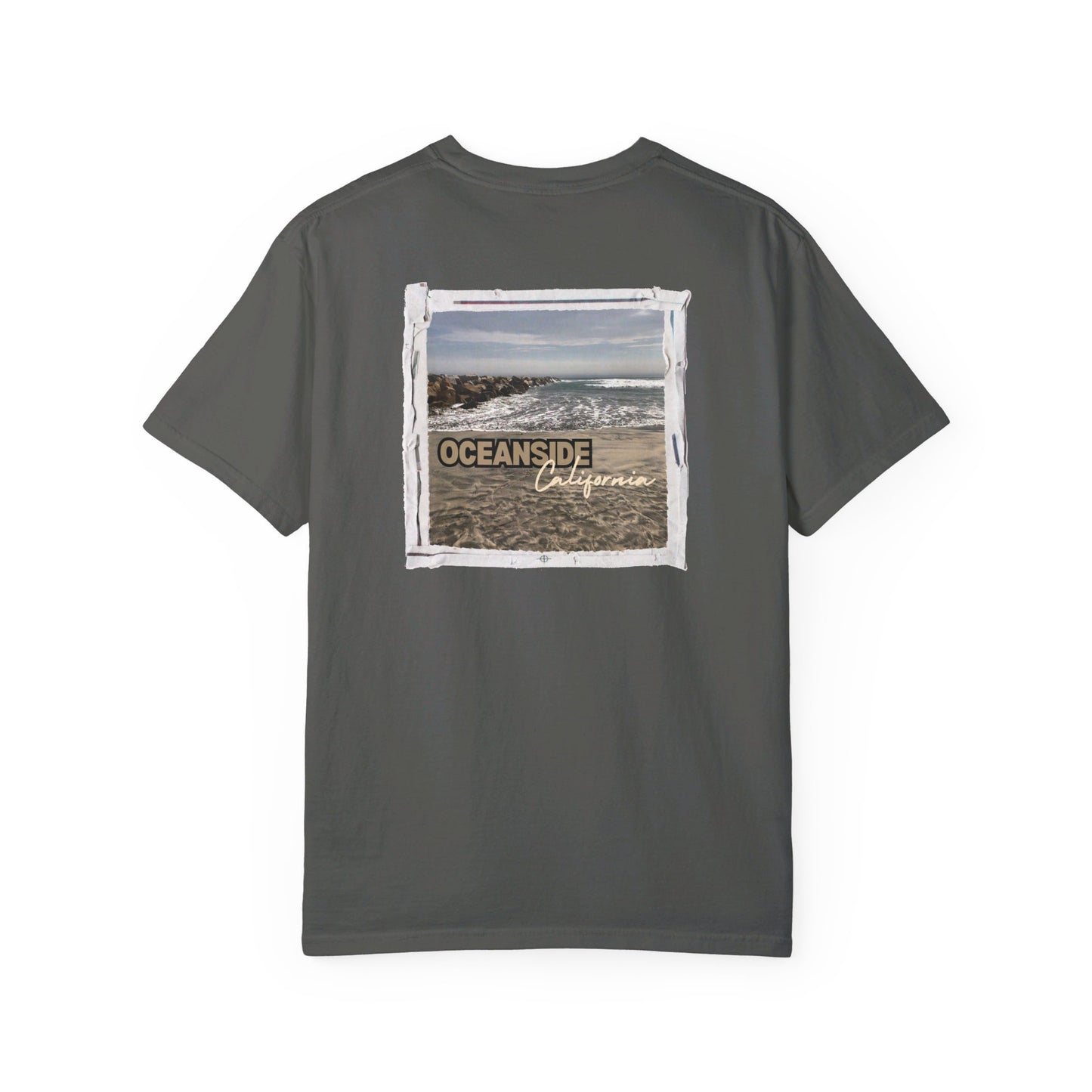 Oceanside CA Beach Ocean Waves Actual Photo on Back Longitude Latitude Coordinates on Front | Comfort Colors | Unisex Garment-Dyed T-shirt