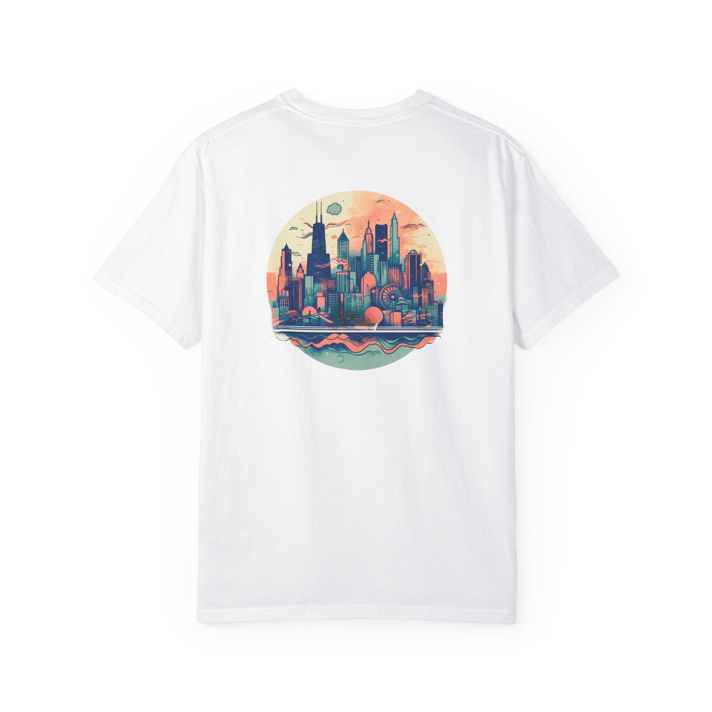 CHICAGO Funky Illustration of the Chicago Skyline on Back Grunge Chicago Logo on Front | Comfort Colors | Unisex Garment-Dyed T-shirt