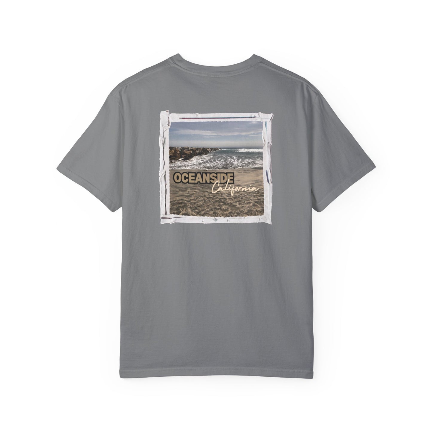 Oceanside CA Beach Ocean Waves Actual Photo on Back Longitude Latitude Coordinates on Front | Comfort Colors | Unisex Garment-Dyed T-shirt