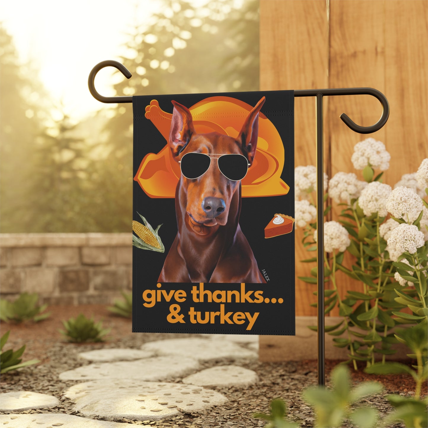 Red Doberman Flag, Garden Flag, Give Thanks & Turkey, House Flag, Banner, Printed Both Sides