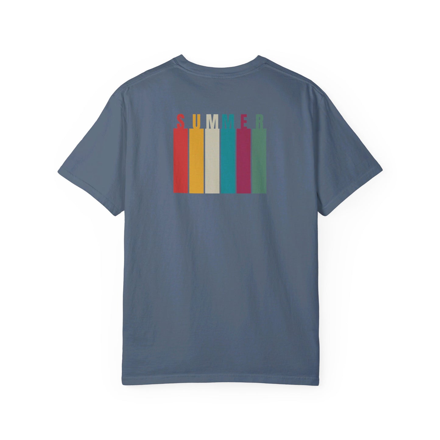 Summer Palm Tree Island Front Colorful "Summer" Rainbow Colors Back | Comfort Colors | Unisex Garment-Dyed T-shirt