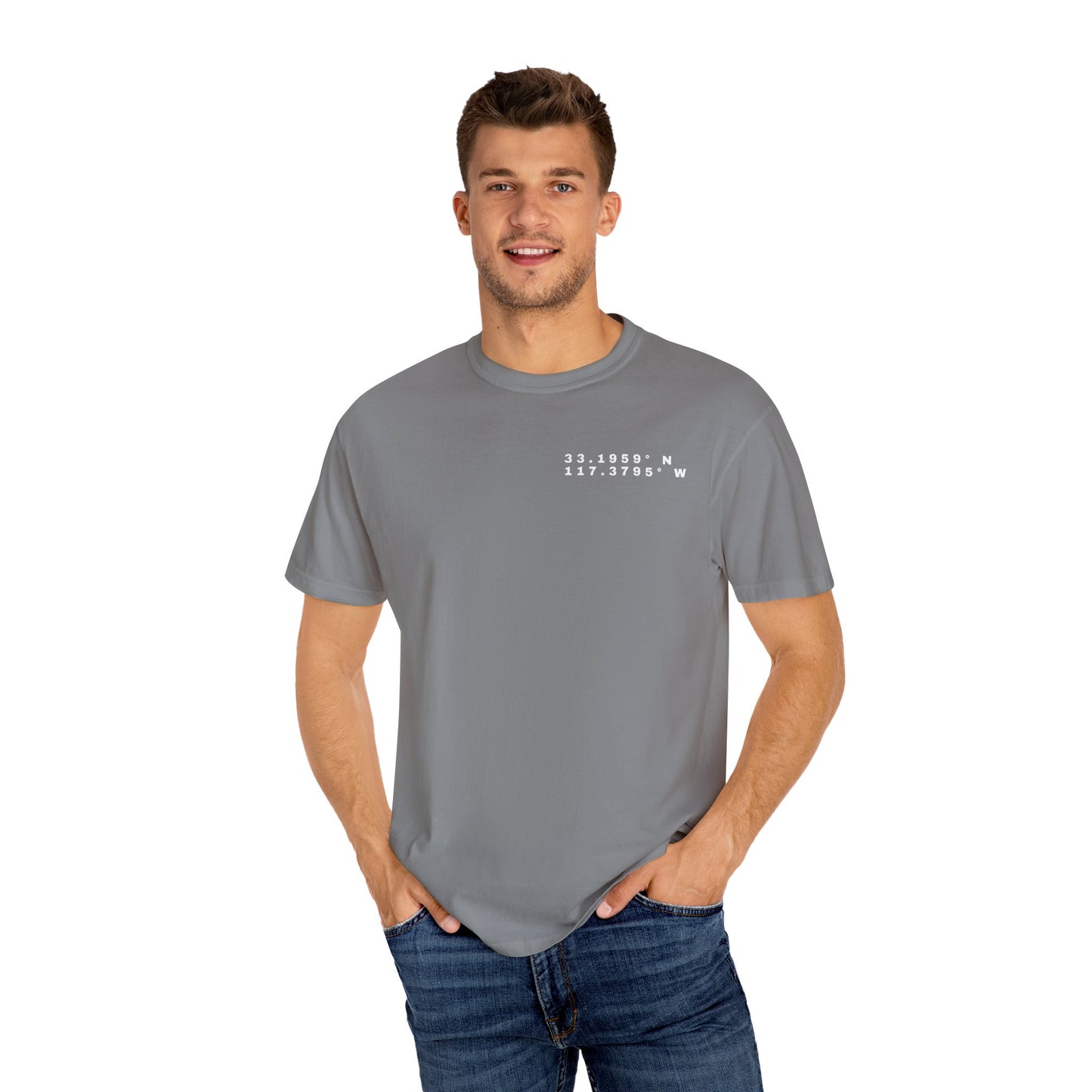 Oceanside CA Beach Ocean Waves Actual Photo on Back Longitude Latitude Coordinates on Front | Comfort Colors | Unisex Garment-Dyed T-shirt