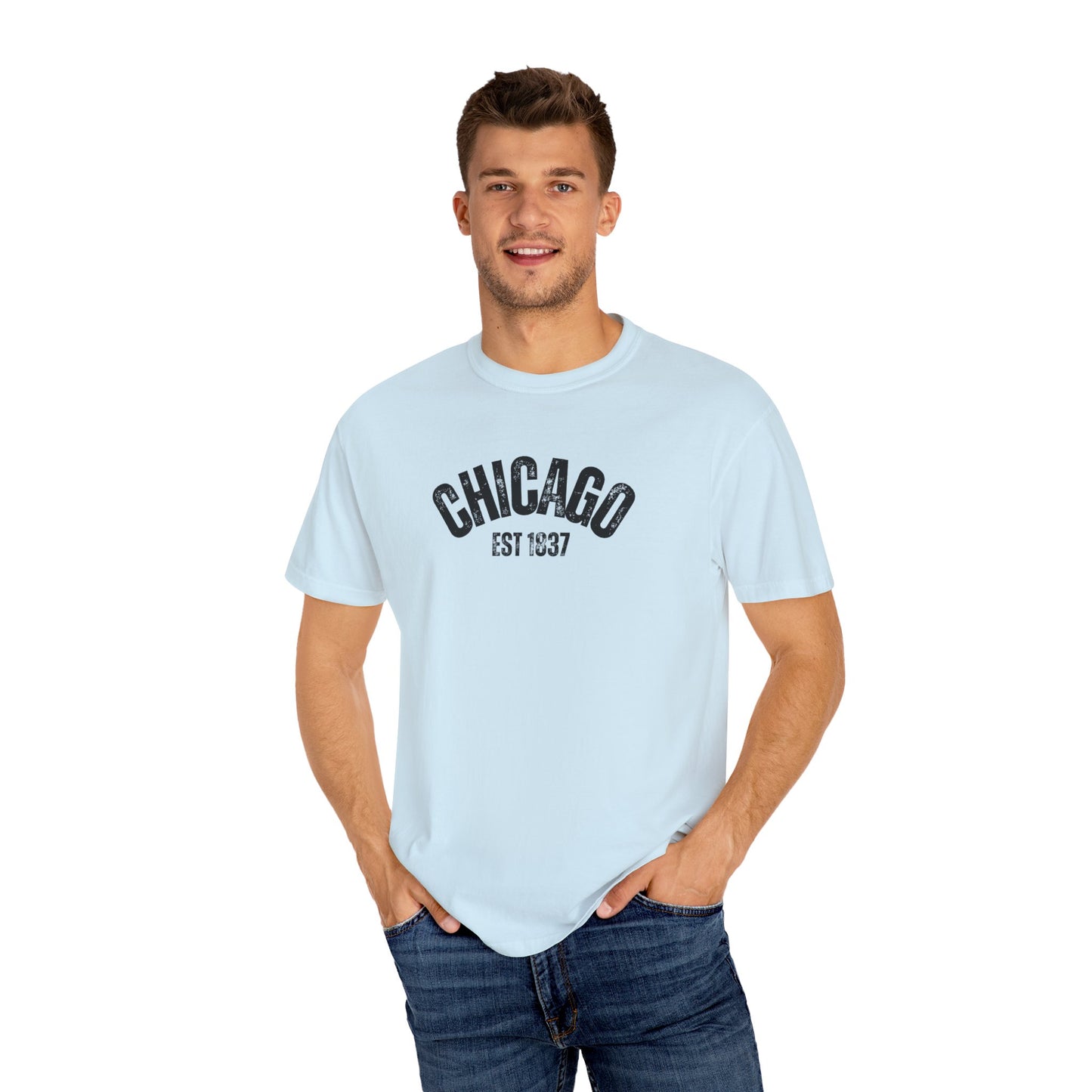 CHICAGO Funky Illustration of the Chicago Skyline on Back Grunge Chicago Logo on Front | Comfort Colors | Unisex Garment-Dyed T-shirt