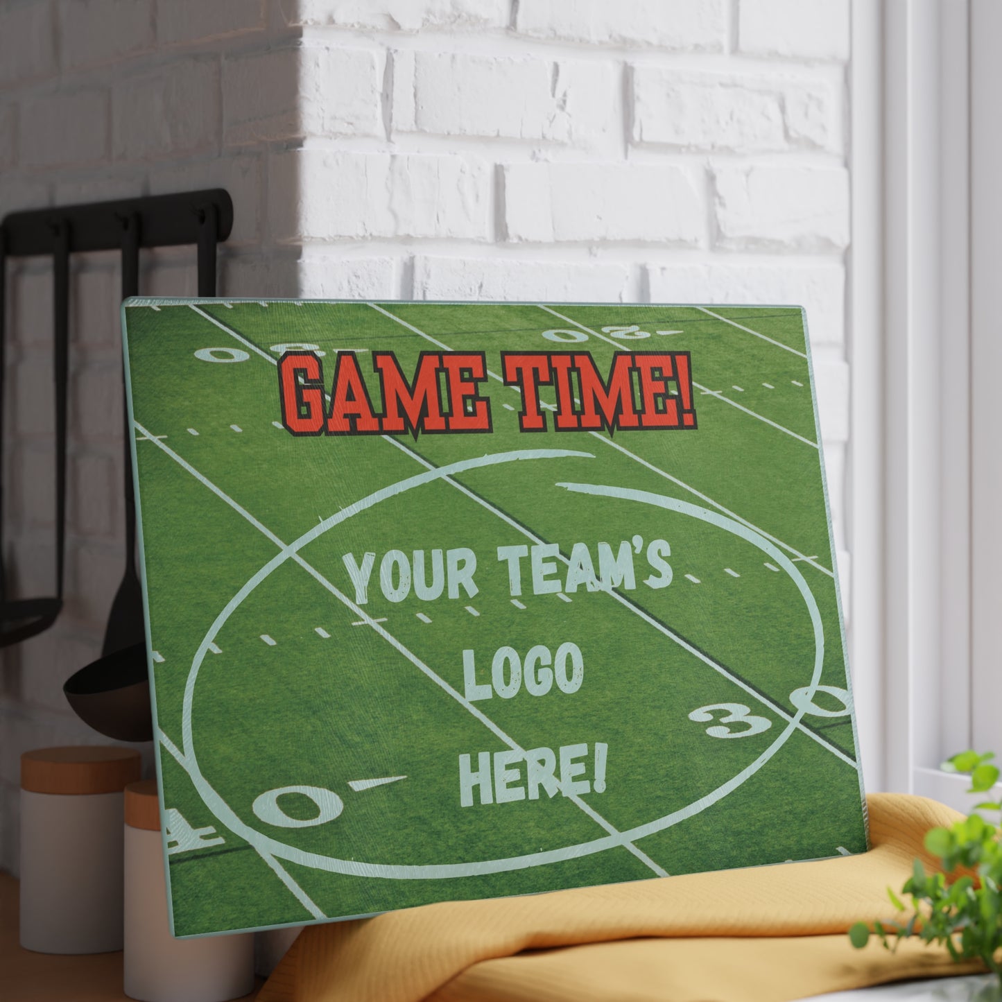 CUSTOM Your Team Logo Game Time Football Field Green | Glass Cutting Board