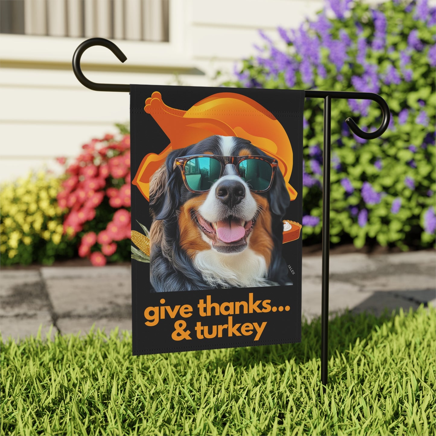 Bernese Mountain Dog Flag, Garden Flag, Give Thanks & Turkey, House Flag, Banner, Printed Both Sides