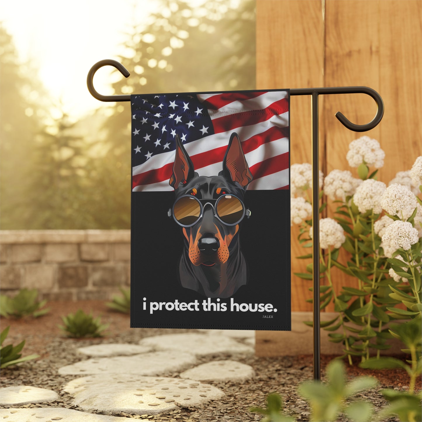 Doberman Flag, Garden Flag, I Protect This House, Patriotic, USA, United States, American, House Flag, Banner, Printed Both Sides