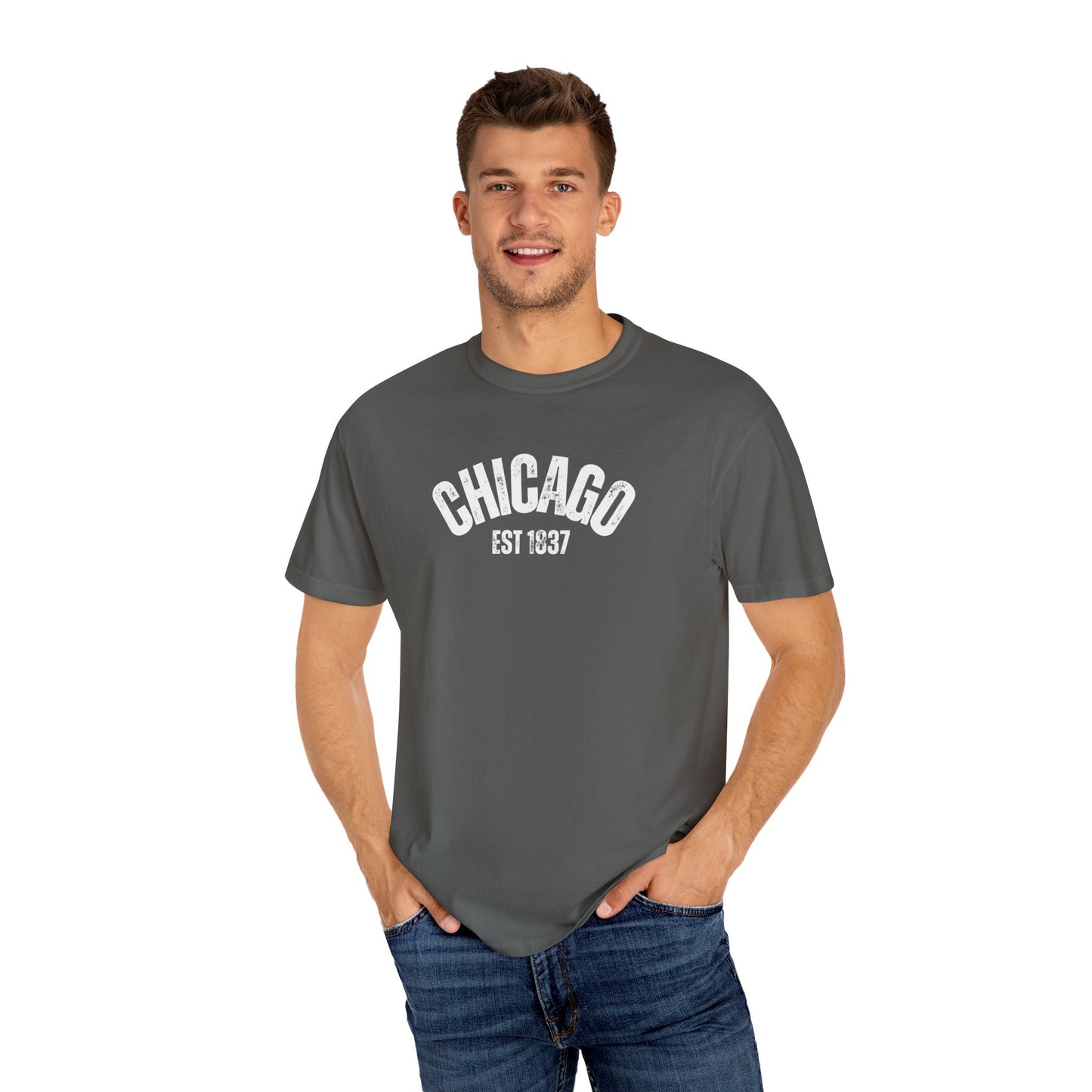 CHICAGO Funky Illustration of the Chicago Skyline on Back Grunge Chicago Logo on Front | Comfort Colors | Unisex Garment-Dyed T-shirt