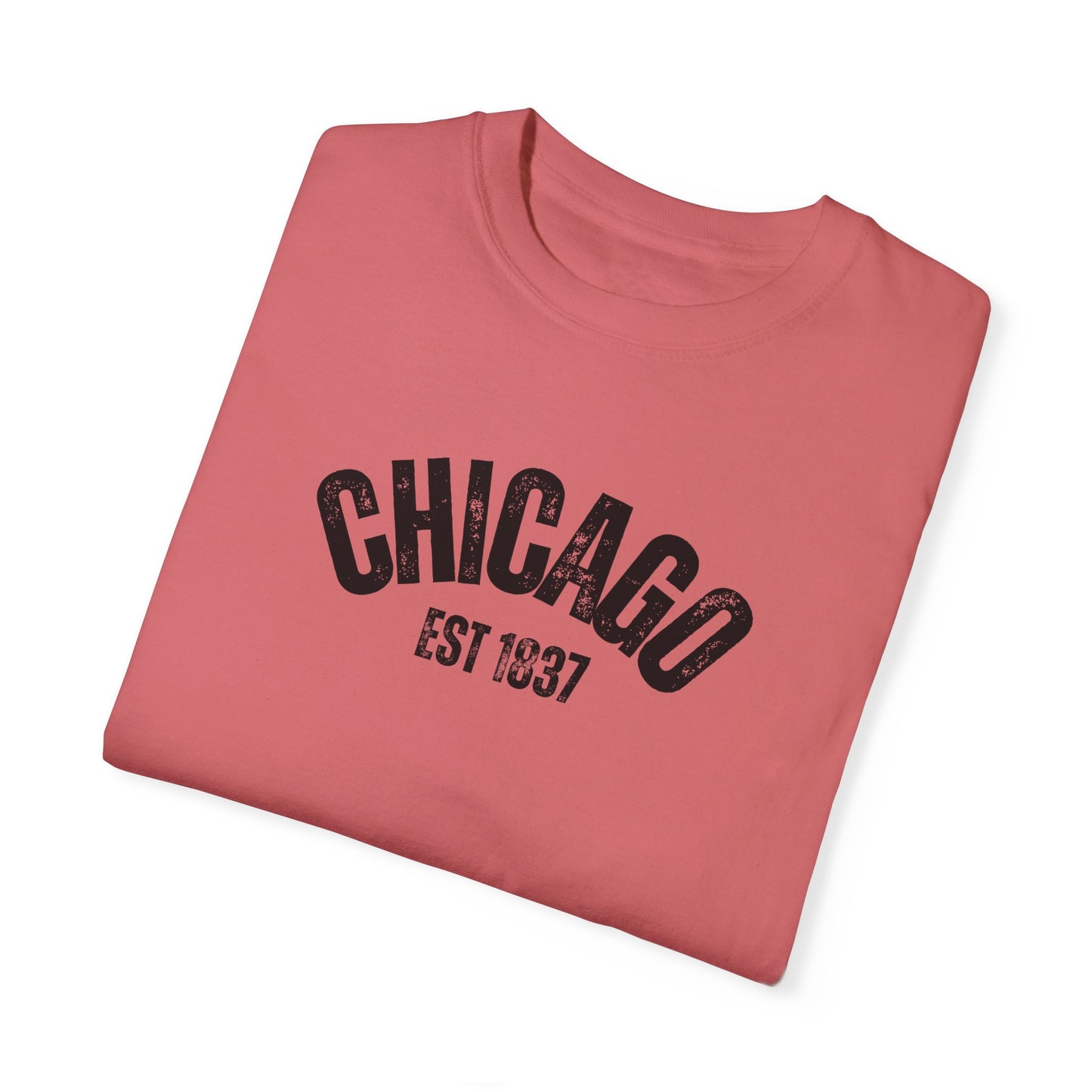 CHICAGO Funky Illustration of the Chicago Skyline on Back Grunge Chicago Logo on Front | Comfort Colors | Unisex Garment-Dyed T-shirt