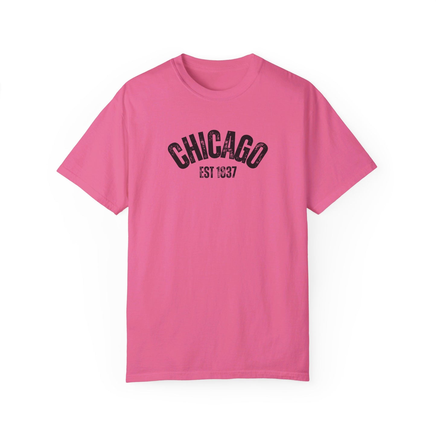 CHICAGO Funky Illustration of the Chicago Skyline on Back Grunge Chicago Logo on Front | Comfort Colors | Unisex Garment-Dyed T-shirt