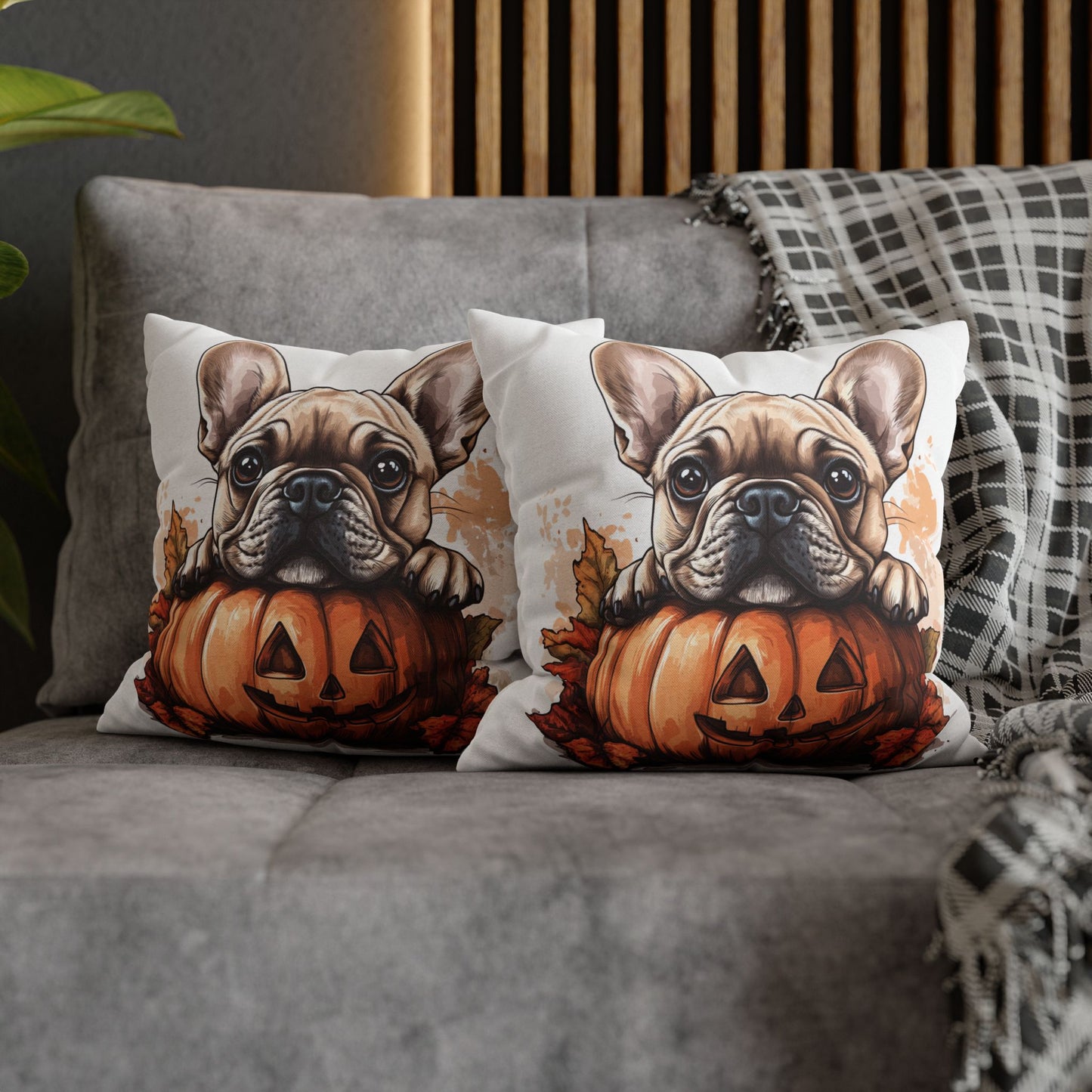 Cute French Bulldog with Pumpkin | Spun Polyester Square Pillowcase