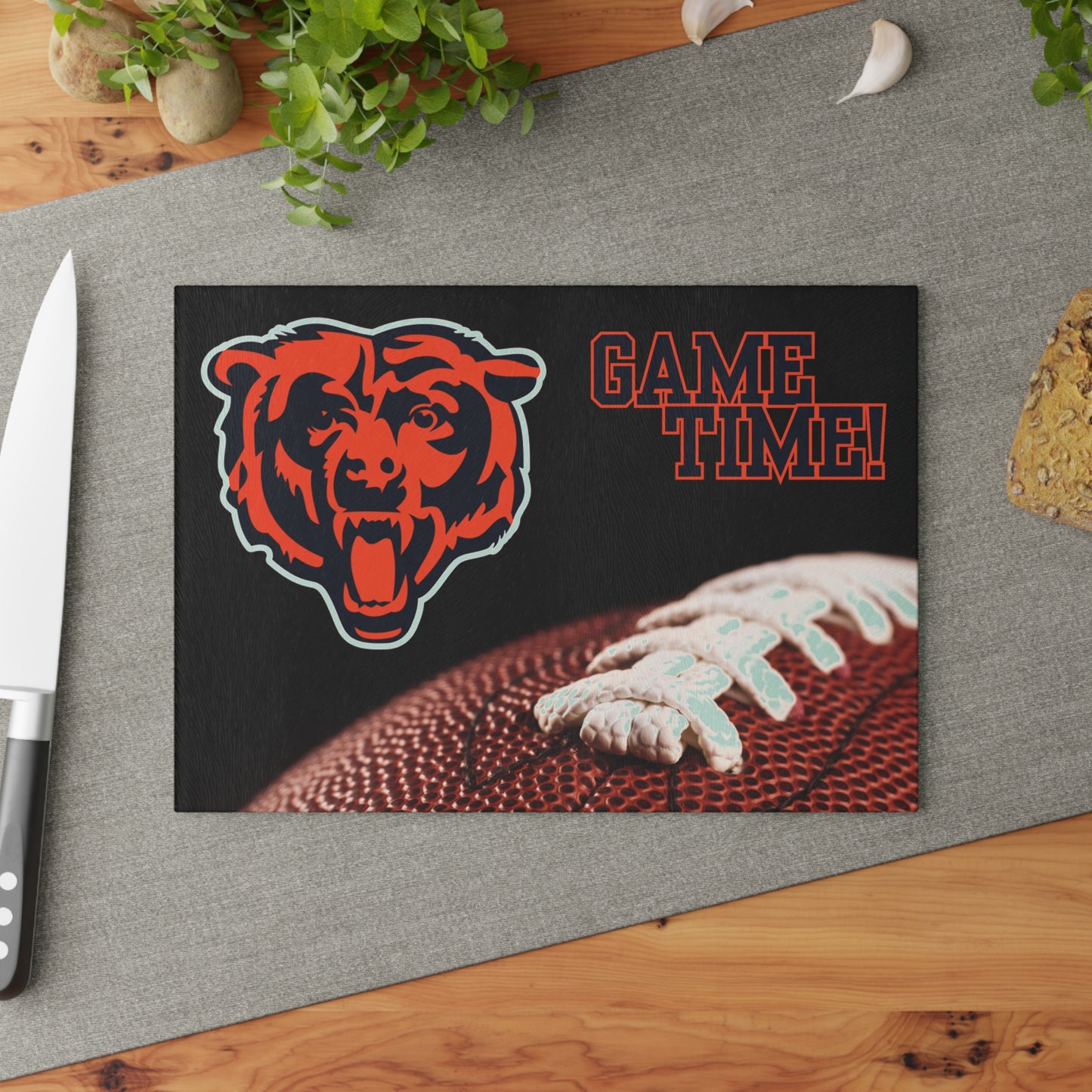 Game Time Football Closeup Black Background | Chicago Bears | Glass Cutting Board