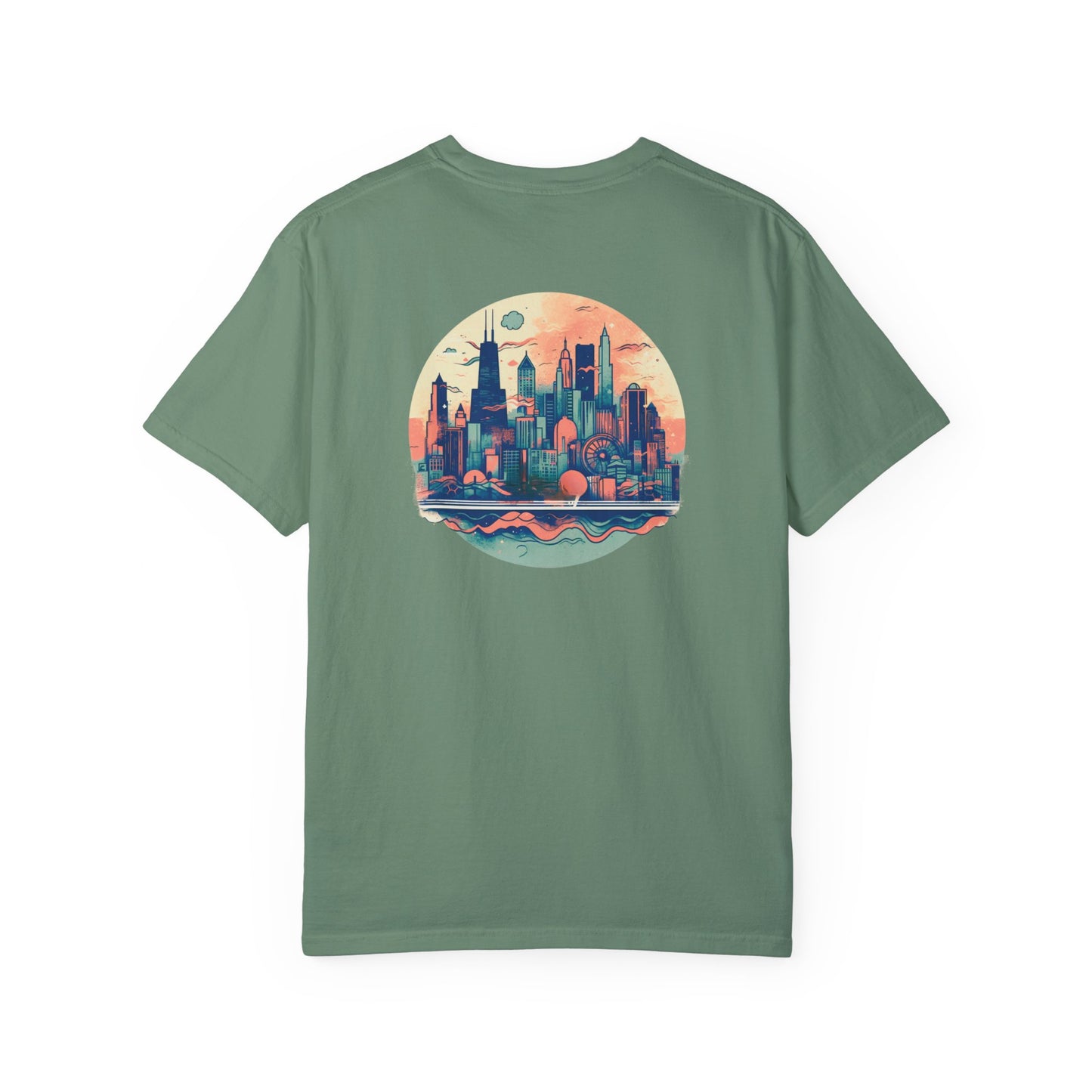 CHICAGO Funky Illustration of the Chicago Skyline on Back Grunge Chicago Logo on Front | Comfort Colors | Unisex Garment-Dyed T-shirt