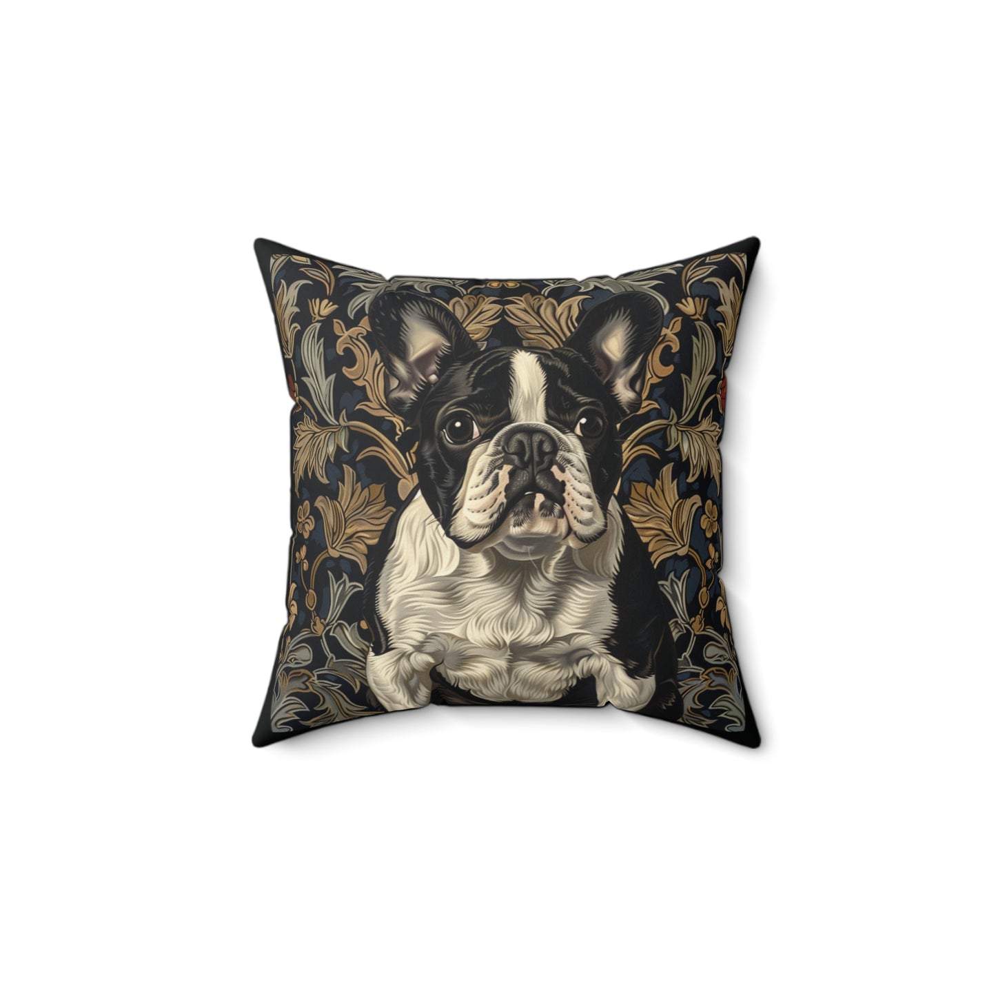 French Bulldog Black and White William Morris Style Gift Dog Lover Spun Polyester Square Pillow