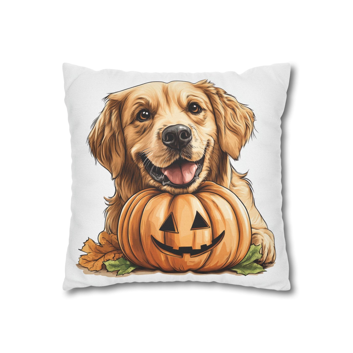 Cute Golden Retriever with Pumpkin | Spun Polyester Square Pillowcase