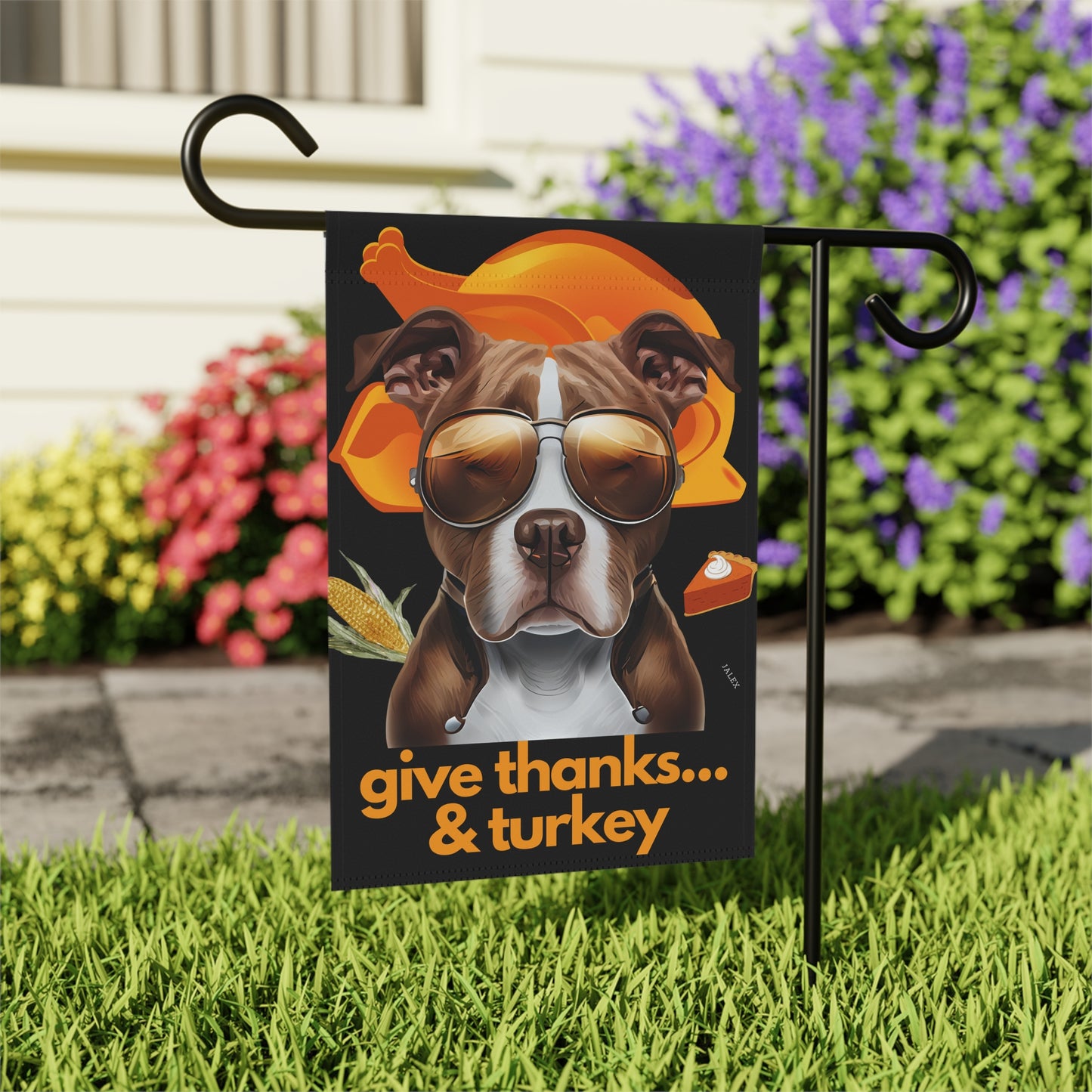 Pittie Flag, Garden Flag, Give Thanks & Turkey, House Flag, Banner, Printed Both Sides