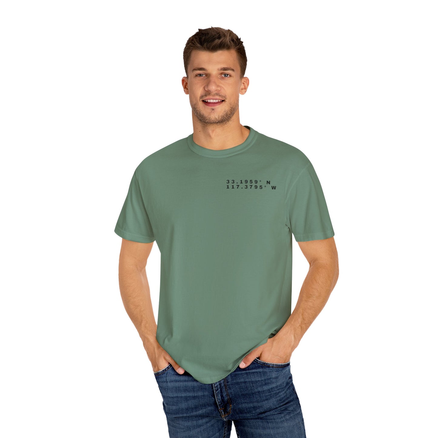 Oceanside CA Beach Ocean Waves Actual Photo on Back Longitude Latitude Coordinates on Front | Comfort Colors | Unisex Garment-Dyed T-shirt