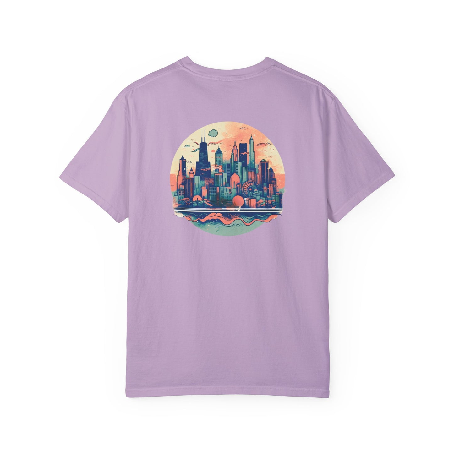 CHICAGO Funky Illustration of the Chicago Skyline on Back Grunge Chicago Logo on Front | Comfort Colors | Unisex Garment-Dyed T-shirt