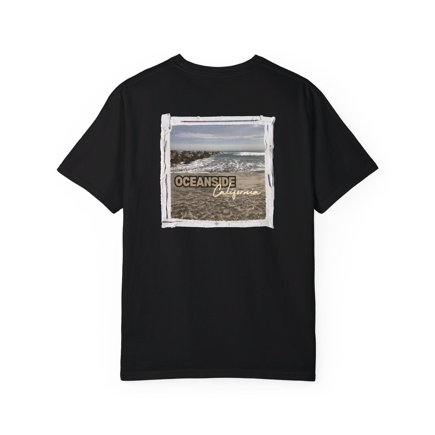 Oceanside CA Beach Ocean Waves Actual Photo on Back Longitude Latitude Coordinates on Front | Comfort Colors | Unisex Garment-Dyed T-shirt