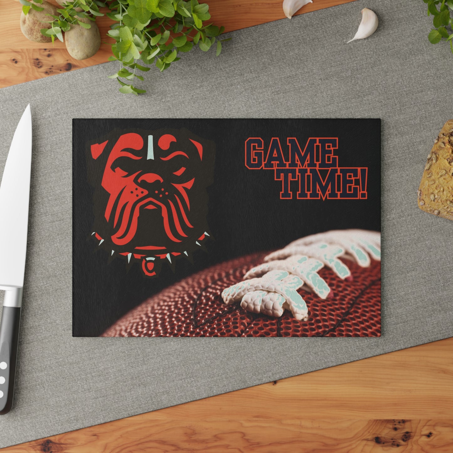 Game Time Football Closeup Black Background | Cleveland Browns  | Glass Cutting Board