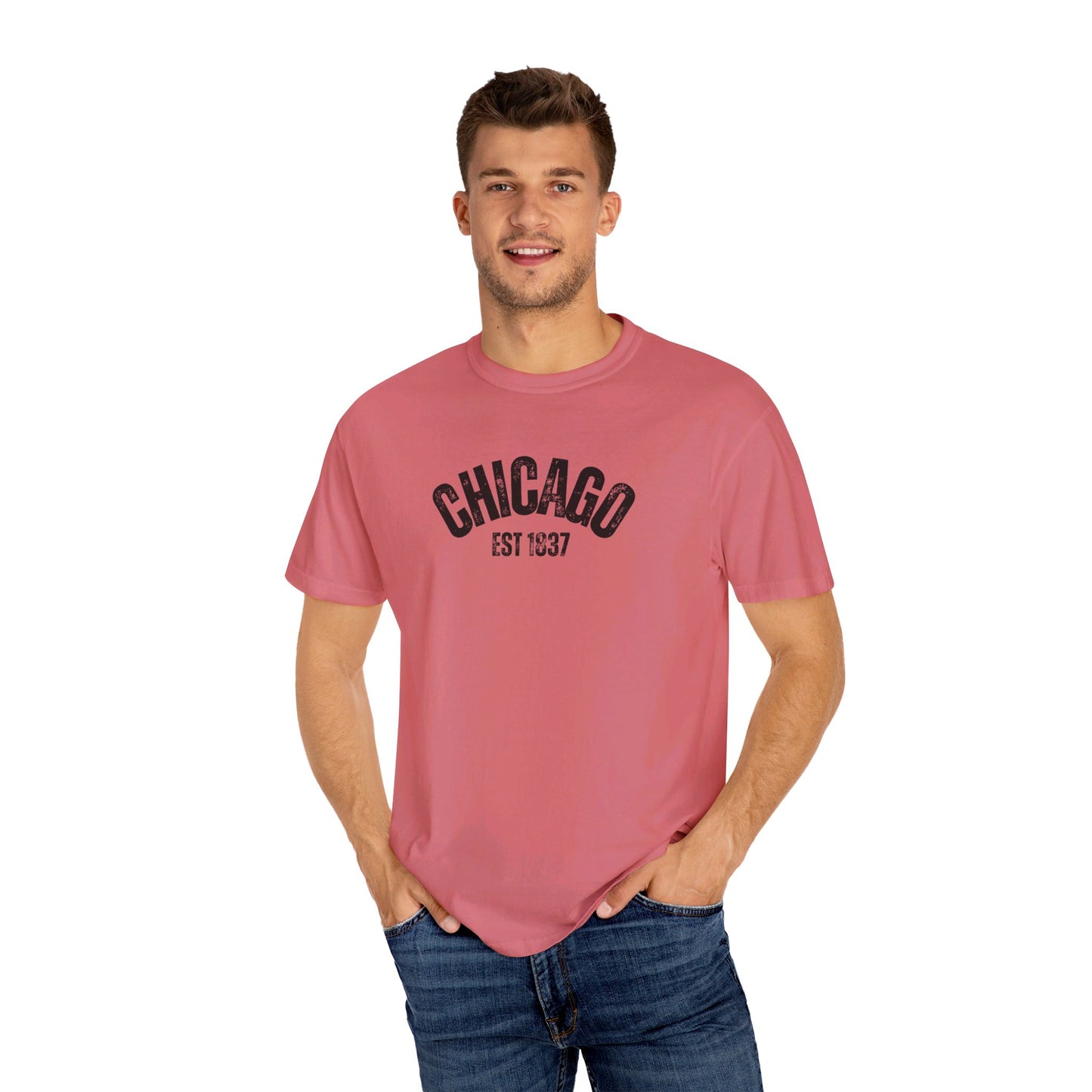 CHICAGO Funky Illustration of the Chicago Skyline on Back Grunge Chicago Logo on Front | Comfort Colors | Unisex Garment-Dyed T-shirt