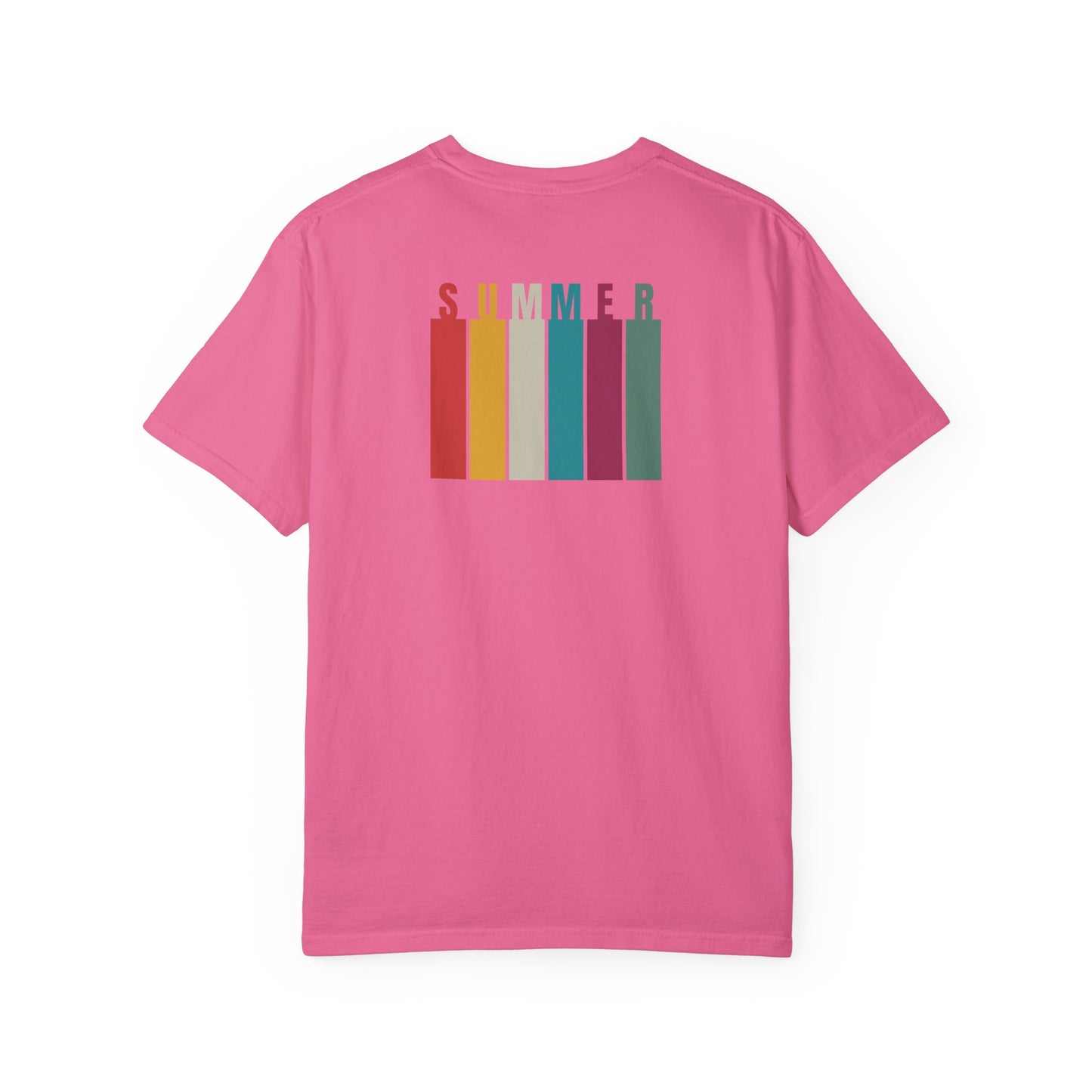 Summer Palm Tree Island Front Colorful "Summer" Rainbow Colors Back | Comfort Colors | Unisex Garment-Dyed T-shirt