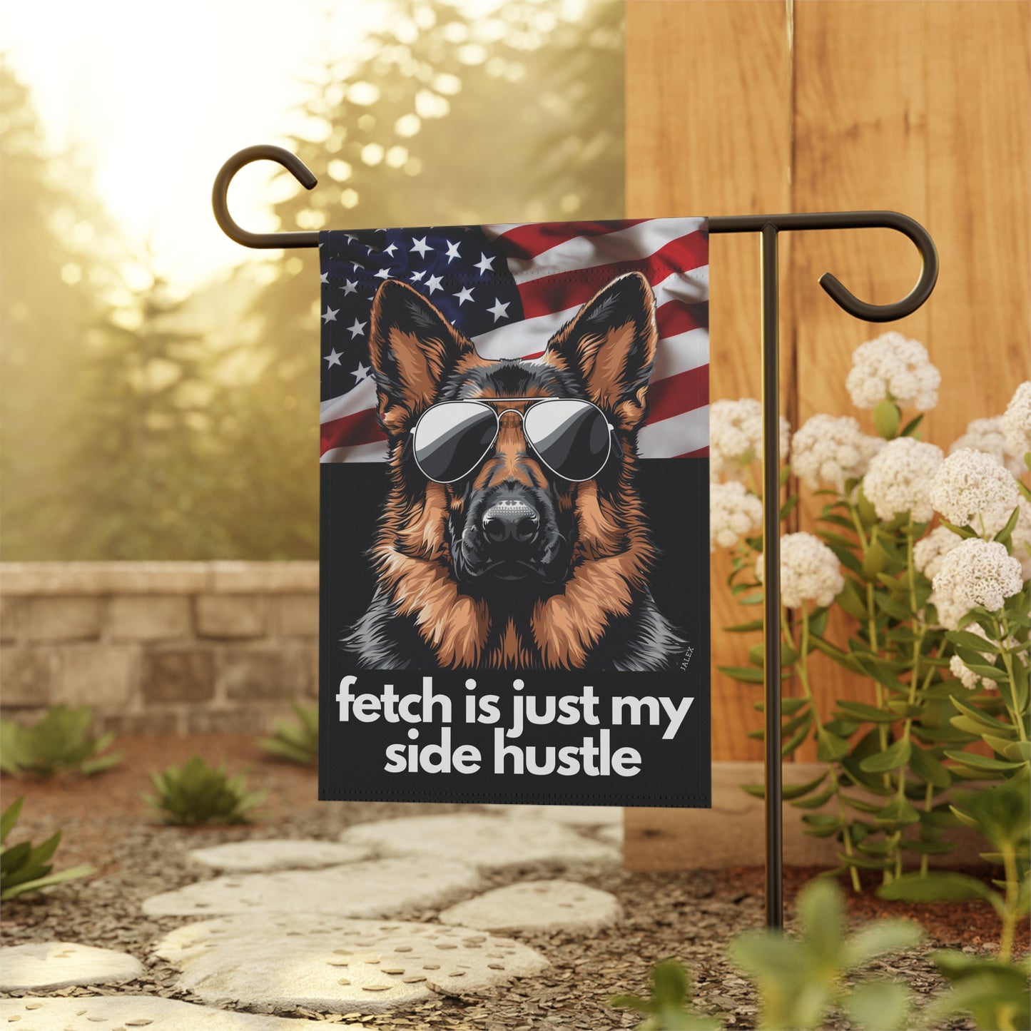 German Shepherd Flag, US Flag Background, Fetch Is Just My Side Hustle, Garden Flag, Gift, Dog Lover, Printed both sides