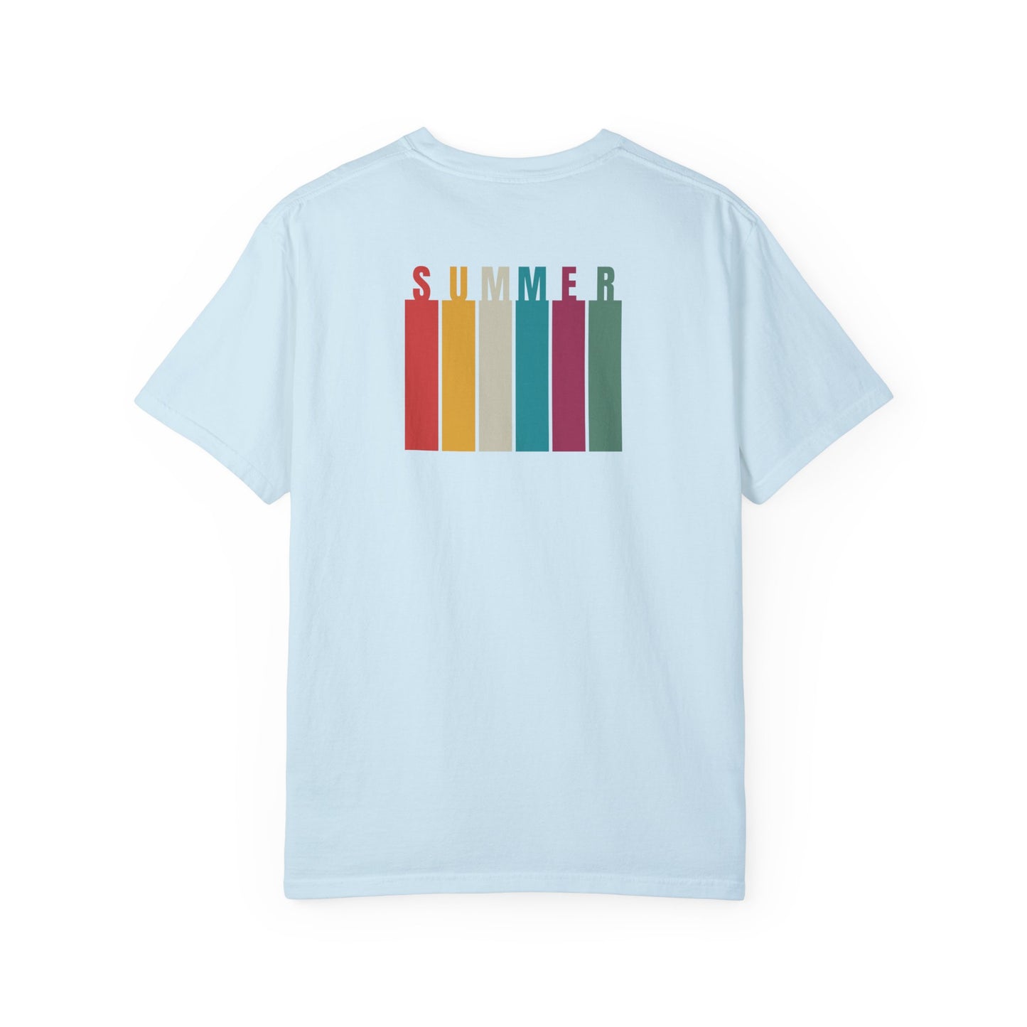 Summer Palm Tree Island Front Colorful "Summer" Rainbow Colors Back | Comfort Colors | Unisex Garment-Dyed T-shirt