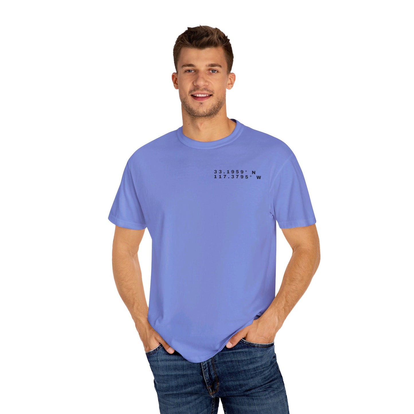 Oceanside CA Beach Ocean Waves Actual Photo on Back Longitude Latitude Coordinates on Front | Comfort Colors | Unisex Garment-Dyed T-shirt