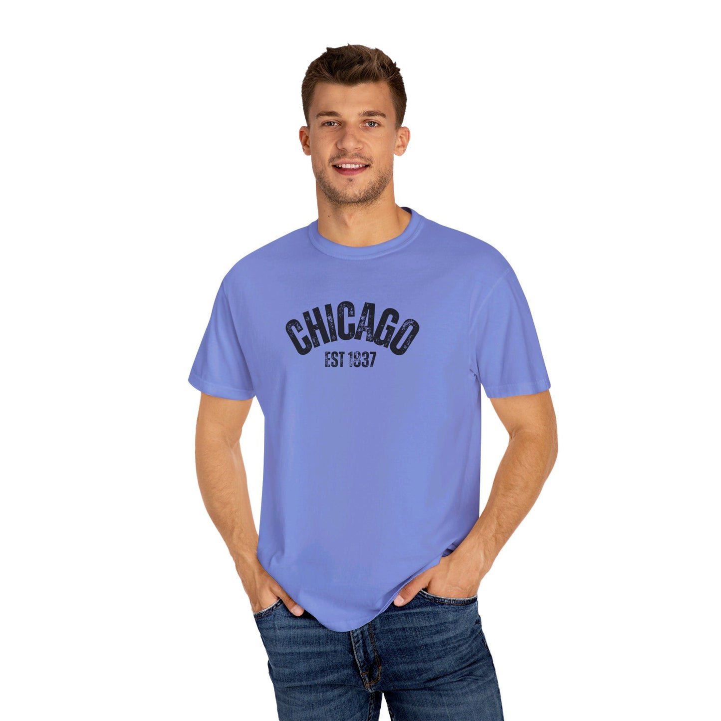 CHICAGO Funky Illustration of the Chicago Skyline on Back Grunge Chicago Logo on Front | Comfort Colors | Unisex Garment-Dyed T-shirt