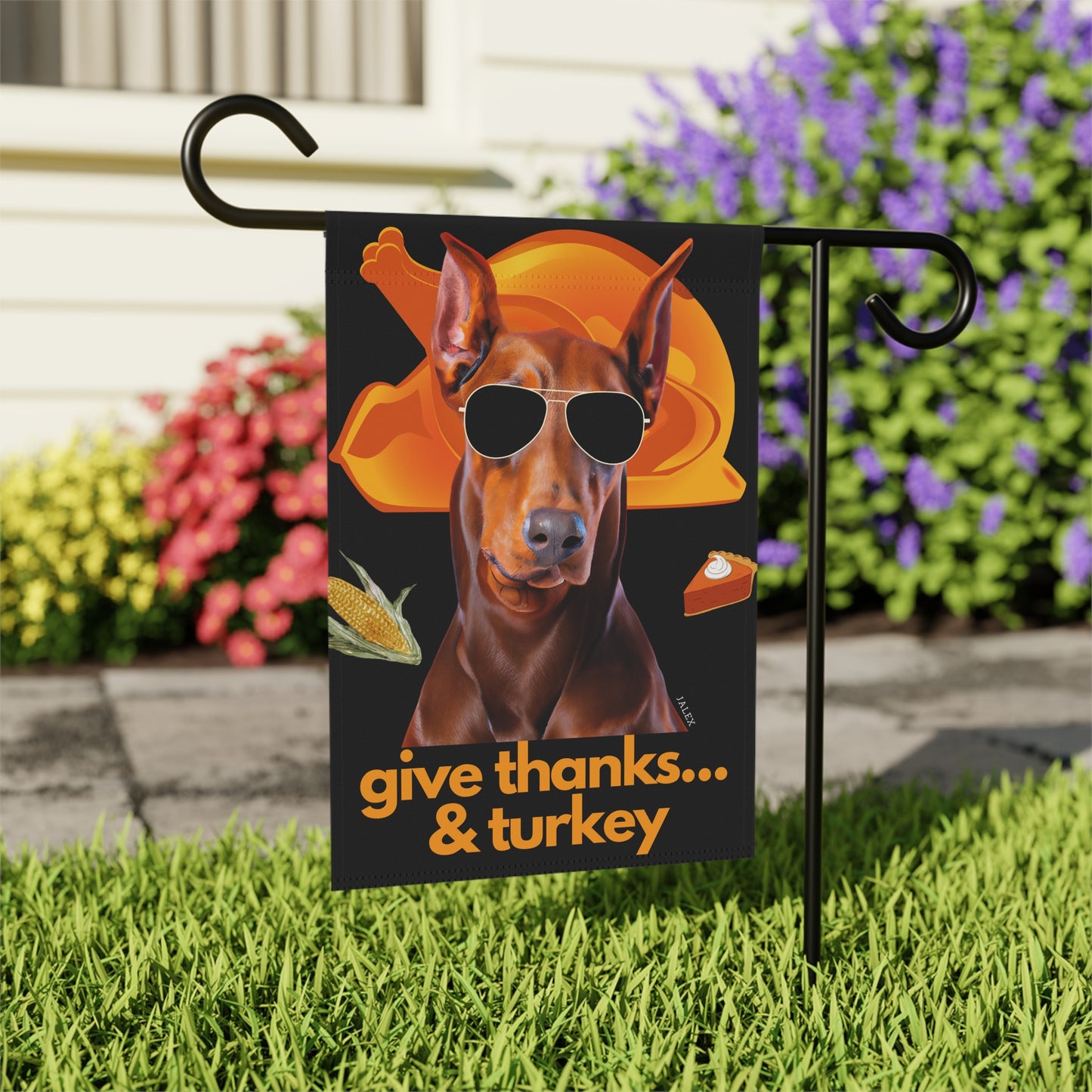 Red Doberman Flag, Garden Flag, Give Thanks & Turkey, House Flag, Banner, Printed Both Sides