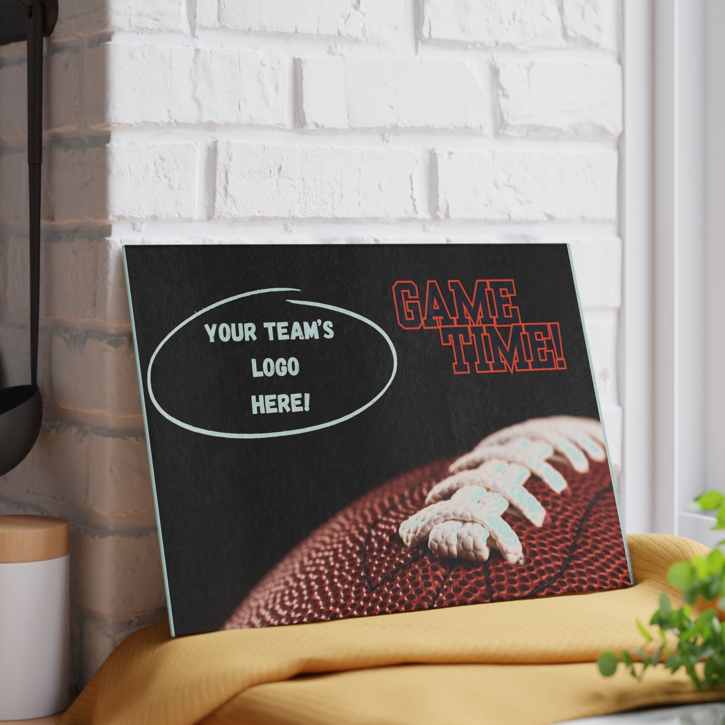 CUSTOM Your Team Logo with Color-Matching Text | Game Time Football Closeup Black Background | Glass Cutting Board