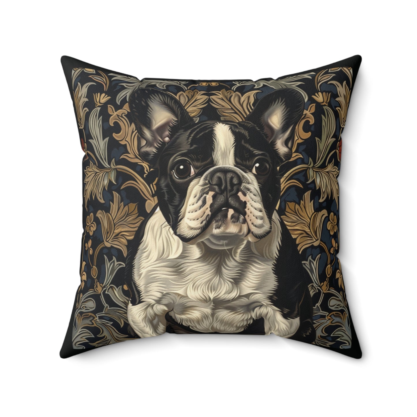 French Bulldog Black and White William Morris Style Gift Dog Lover Spun Polyester Square Pillow