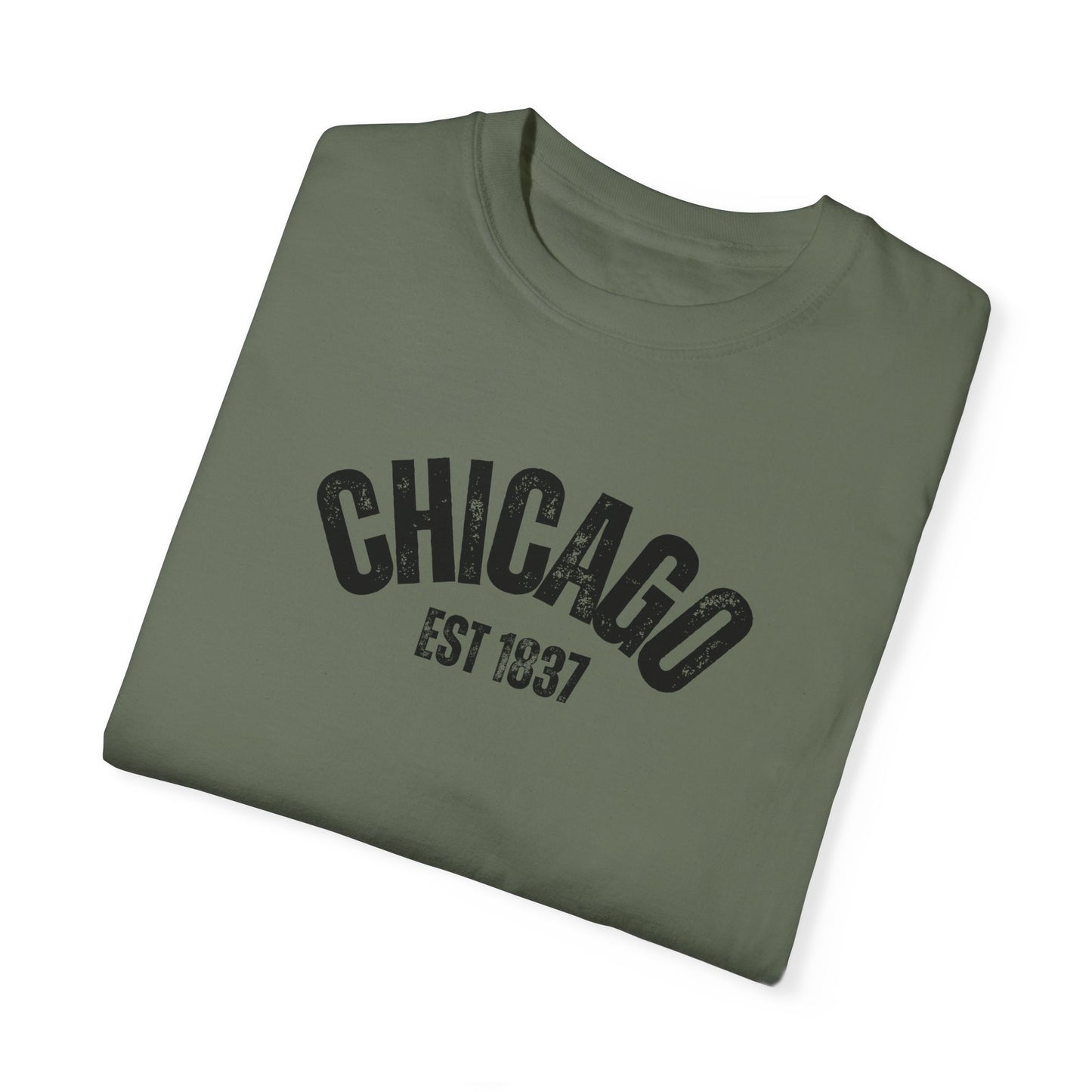 CHICAGO Funky Illustration of the Chicago Skyline on Back Grunge Chicago Logo on Front | Comfort Colors | Unisex Garment-Dyed T-shirt