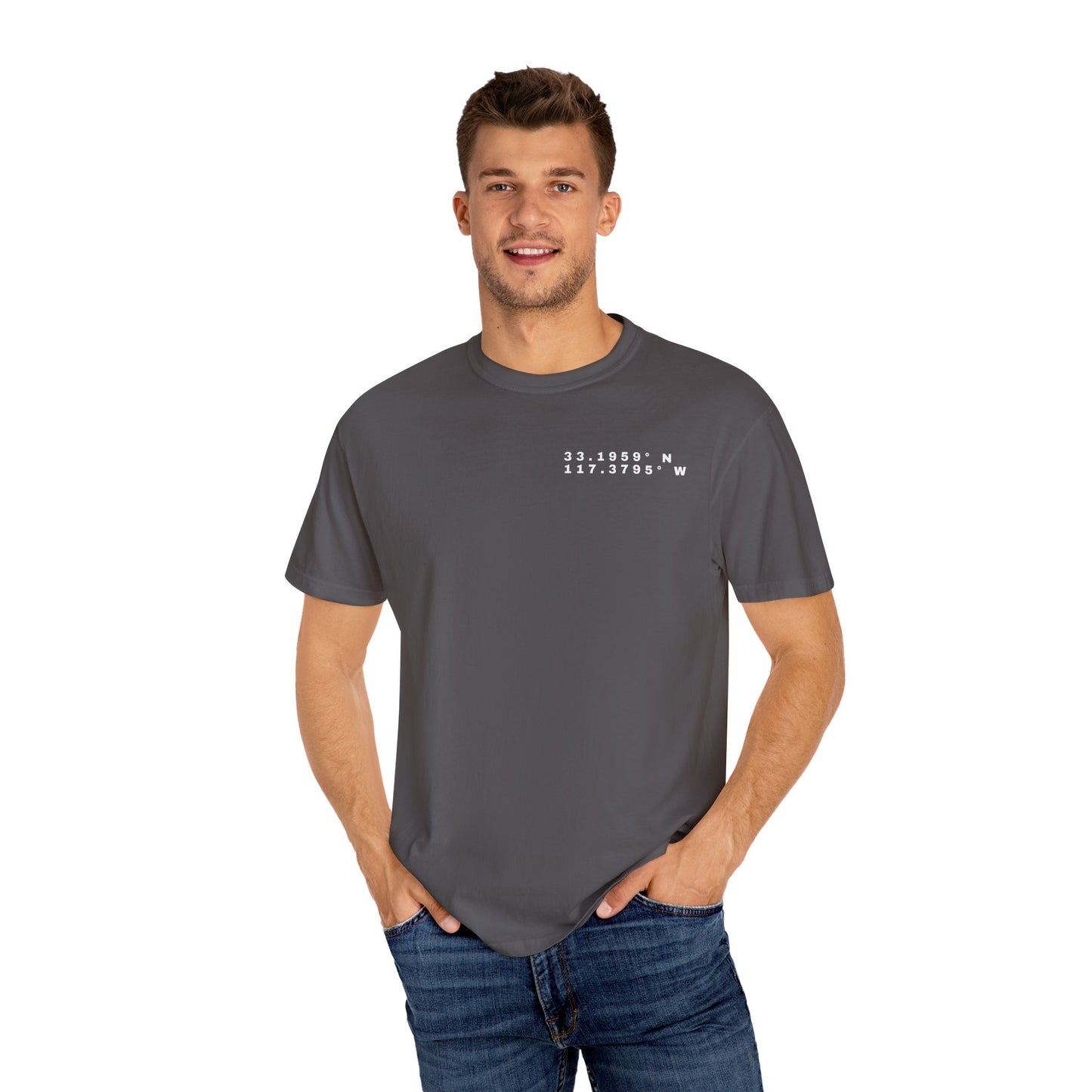 Oceanside CA Beach Ocean Waves Actual Photo on Back Longitude Latitude Coordinates on Front | Comfort Colors | Unisex Garment-Dyed T-shirt